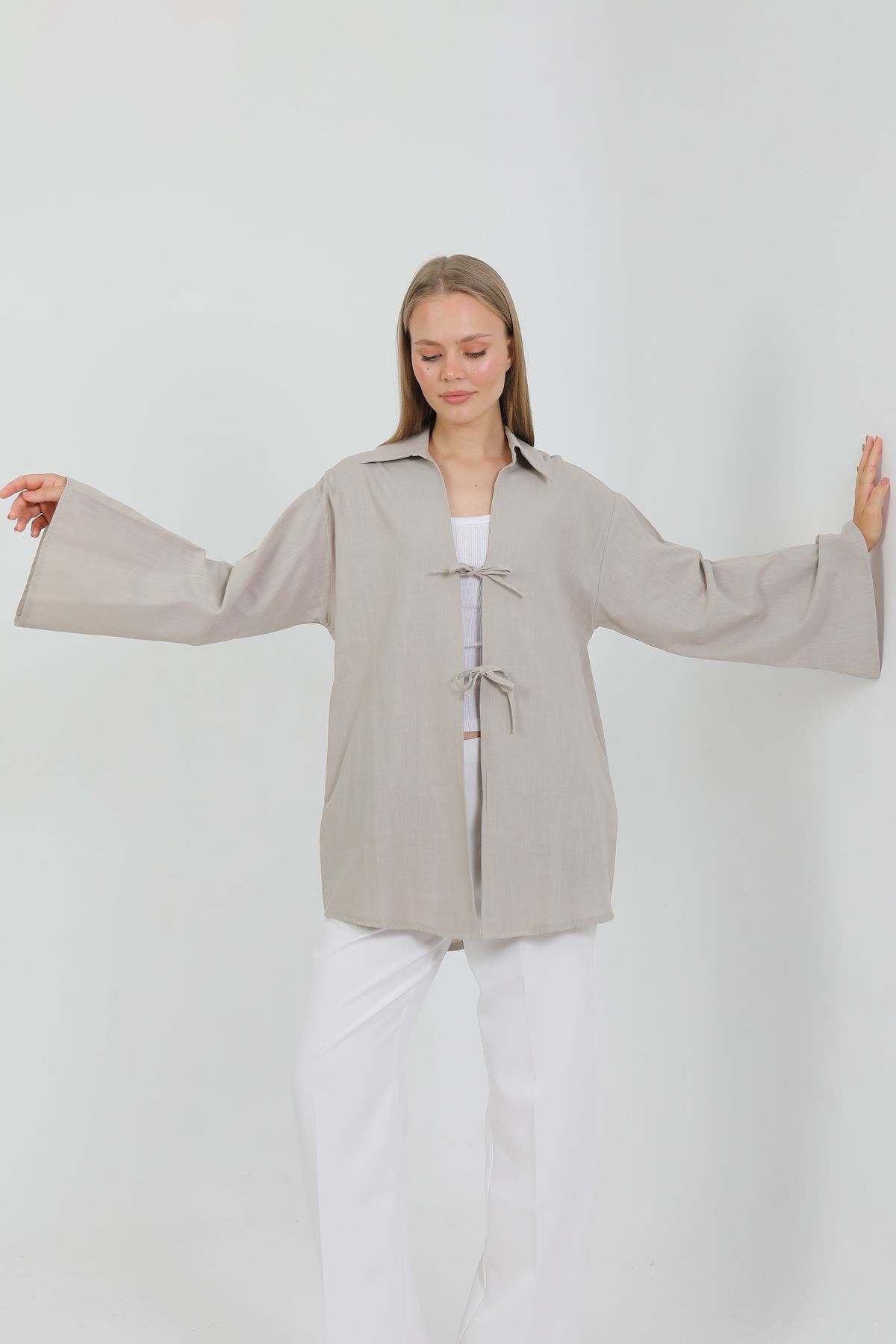 PASTELASTORE %100 Pamuk Keten Cepli Bağcıklı Kadın Kimono 1165 – Gömlek Yaka, Nefes Alan Kumaş