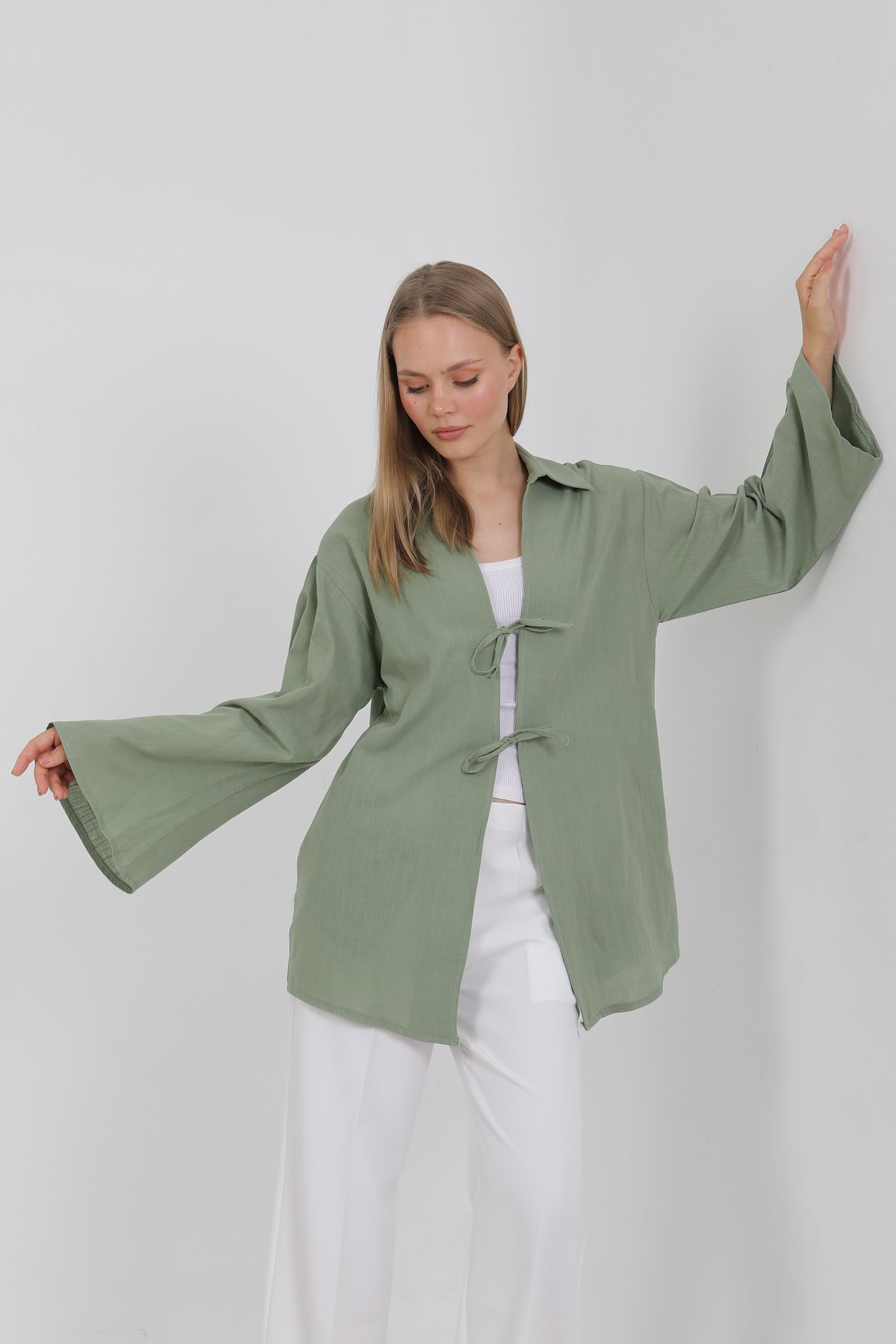 PASTELASTORE %100 Pamuk Keten Cepli Bağcıklı Kadın Kimono 1165 – Gömlek Yaka, Nefes Alan Kumaş