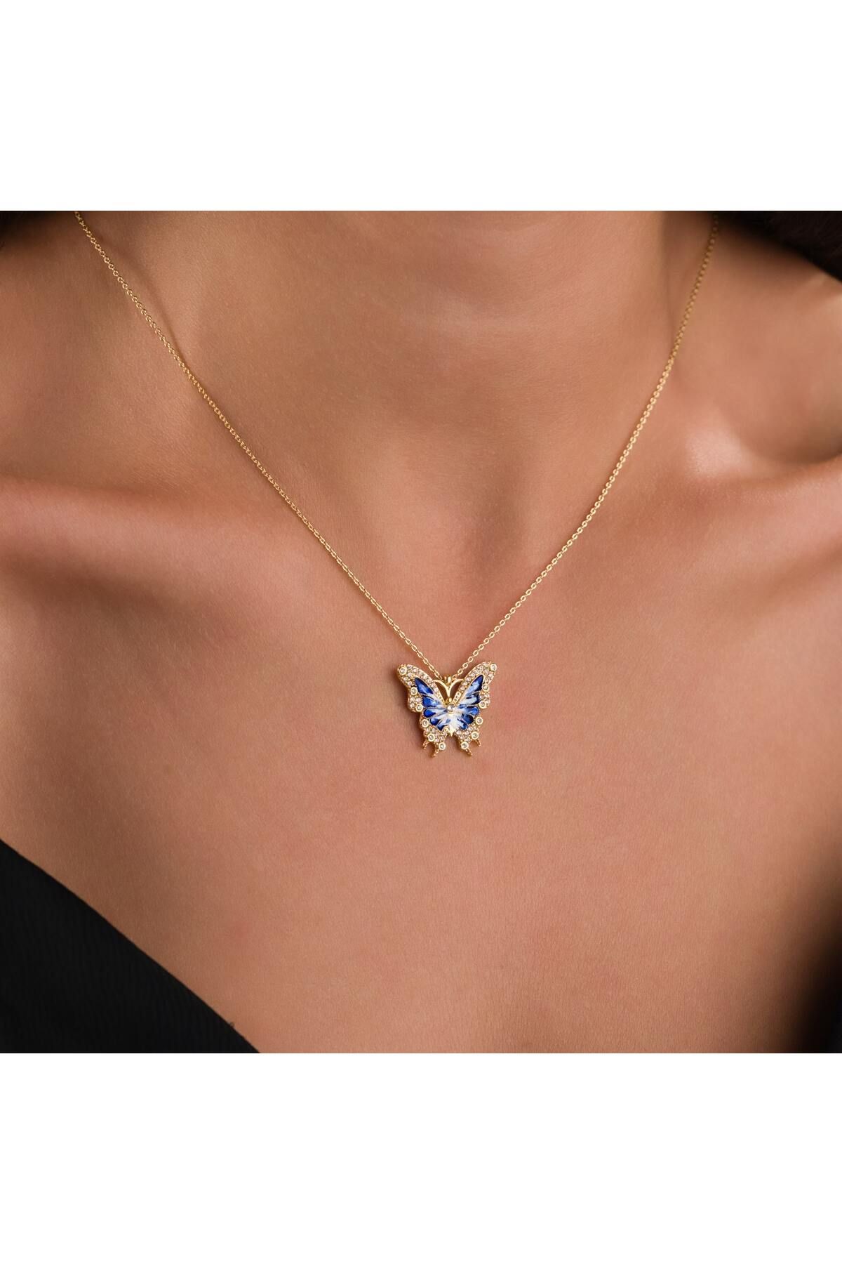 HOBİSY GIFT SHOP Zarif Kelebek Çelik Kolye – Mavi Zirkon Taşlı Gold Renk Kolye