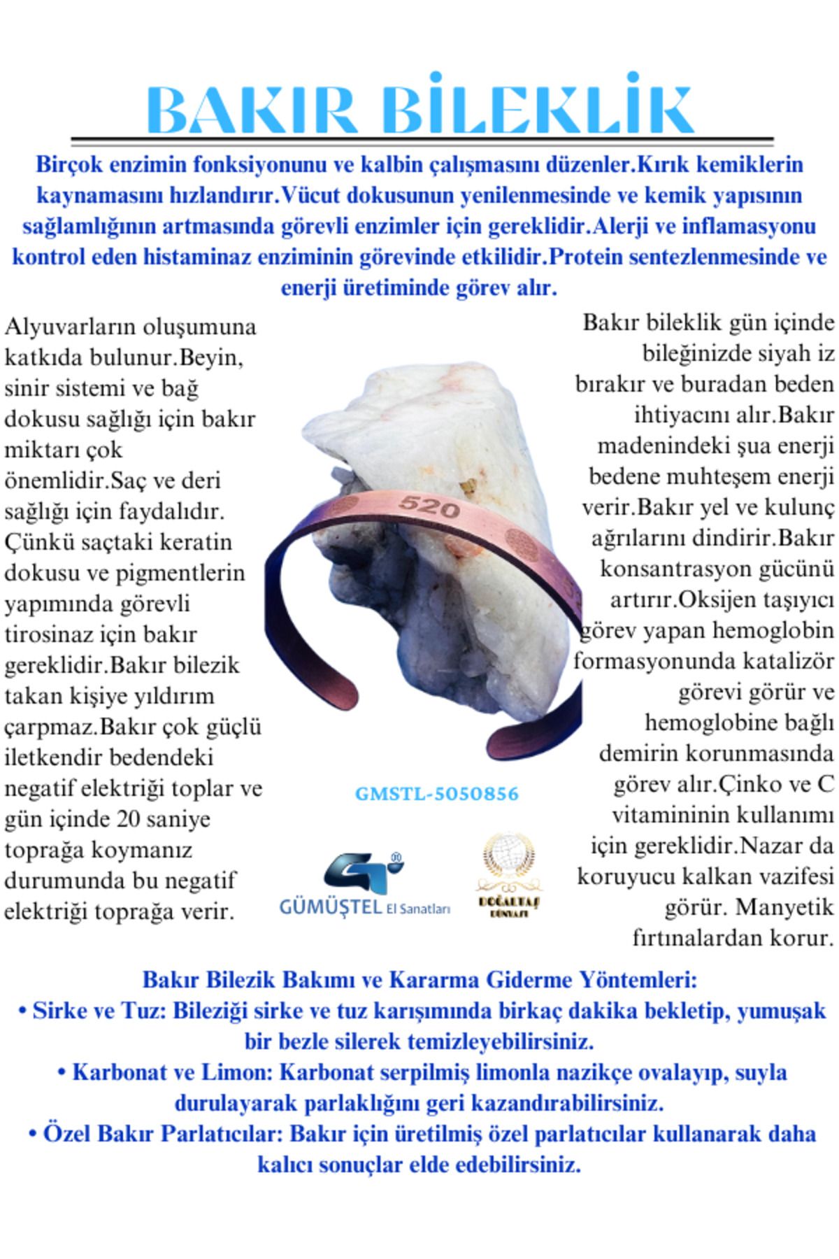 GÜMÜŞTEL EL SANATLARI %100 Orijinal Bakır Bileklik Unisex