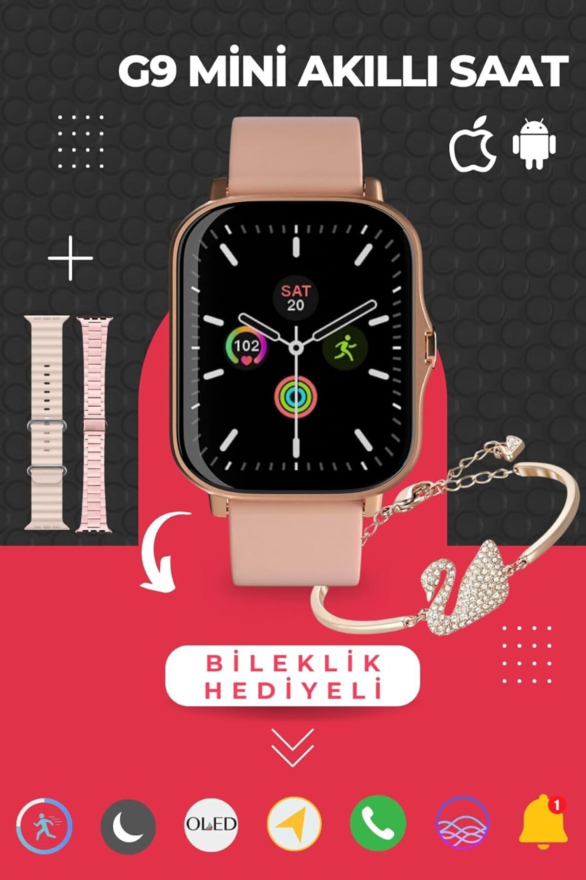 Kensa 9 Mini Akıllı Saat 41MM Kadın Akıllı Saat, Bileklik Hediyeli Smart Watch, Arama Üç Kordon Kol Saati
