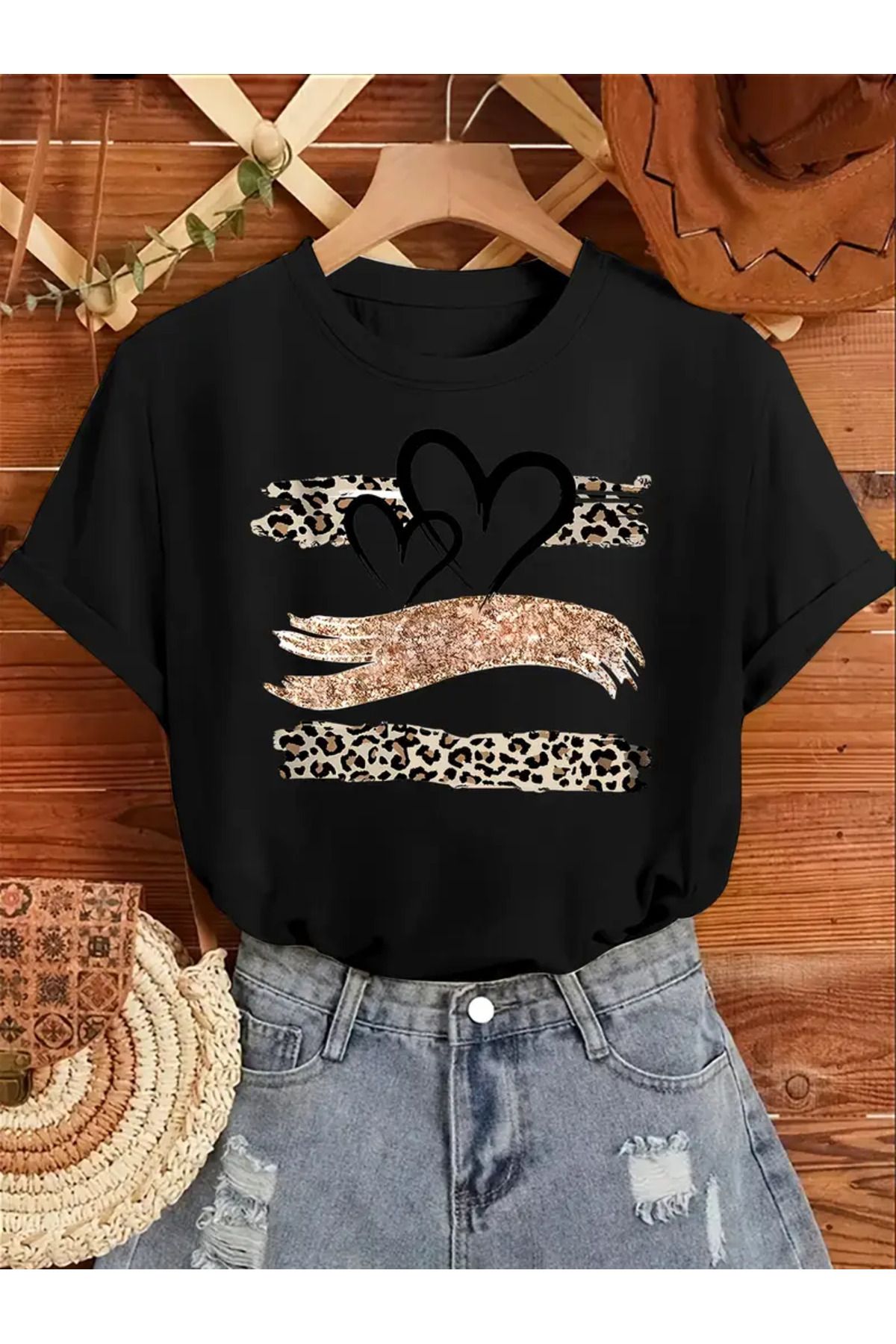 Boi Leopar Desen Baskılı Kadın Pamuk T-shirt