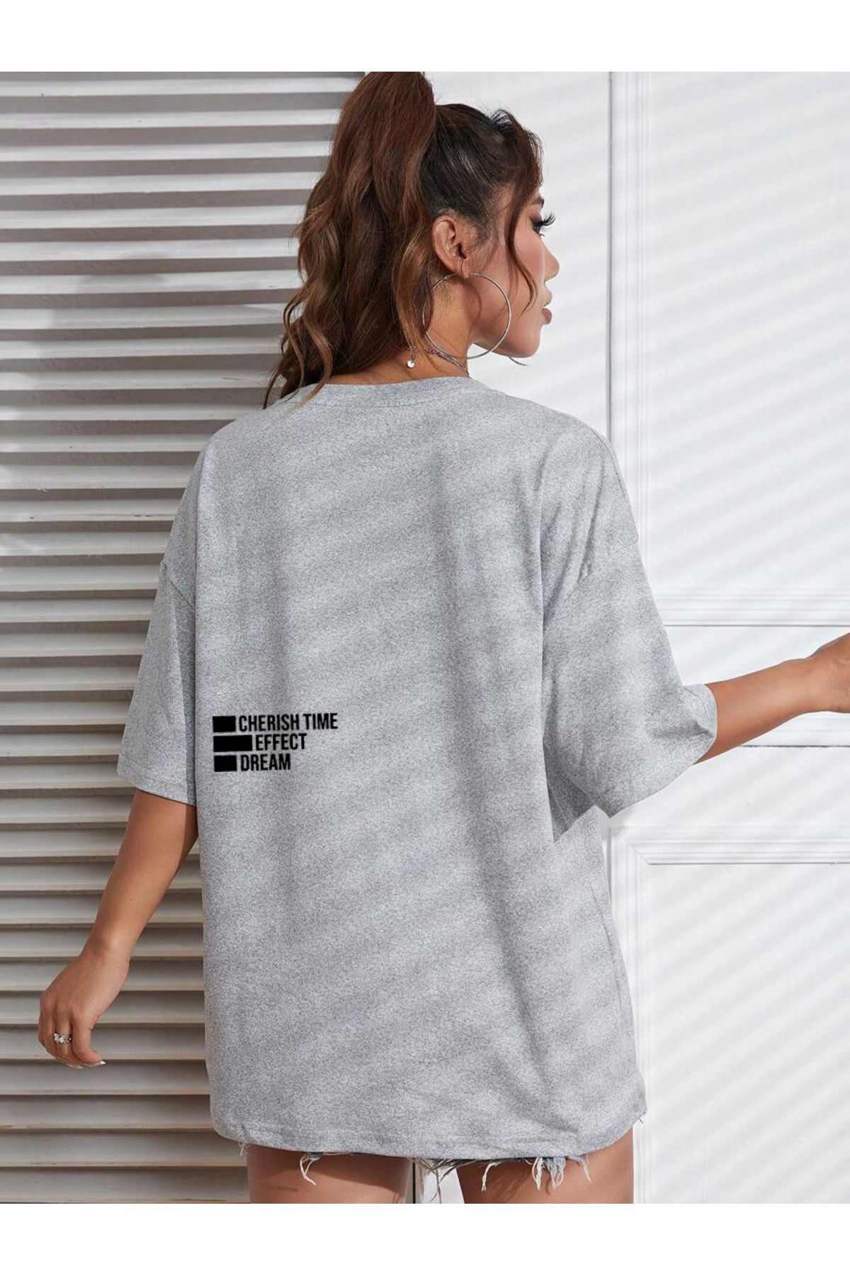 ModaSphere Cherish Time T-Shirt - Gri Baskılı Oversize Bisiklet Yaka Kısa Kol
