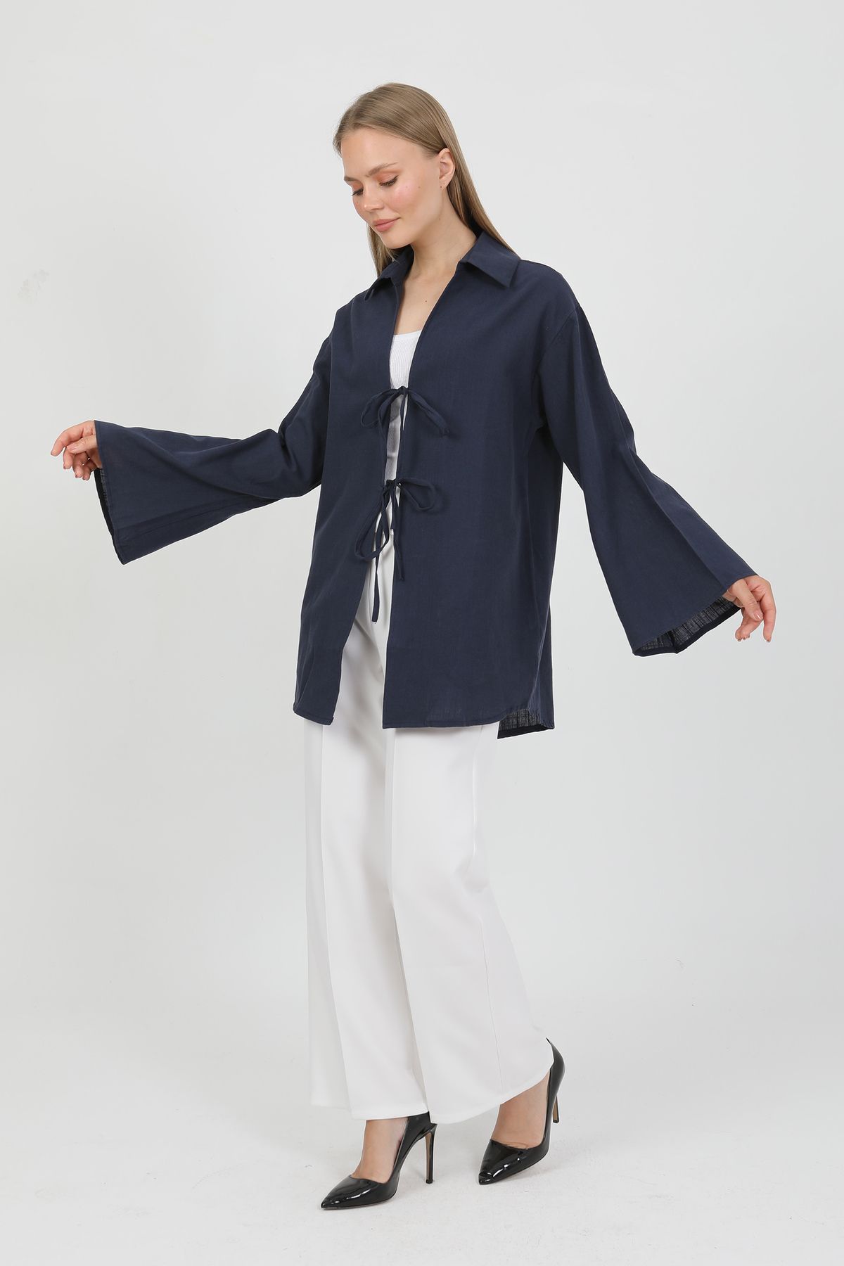 PASTELASTORE %100 Pamuk Keten Cepli Bağcıklı Kadın Kimono 1165 – Gömlek Yaka, Nefes Alan Kumaş