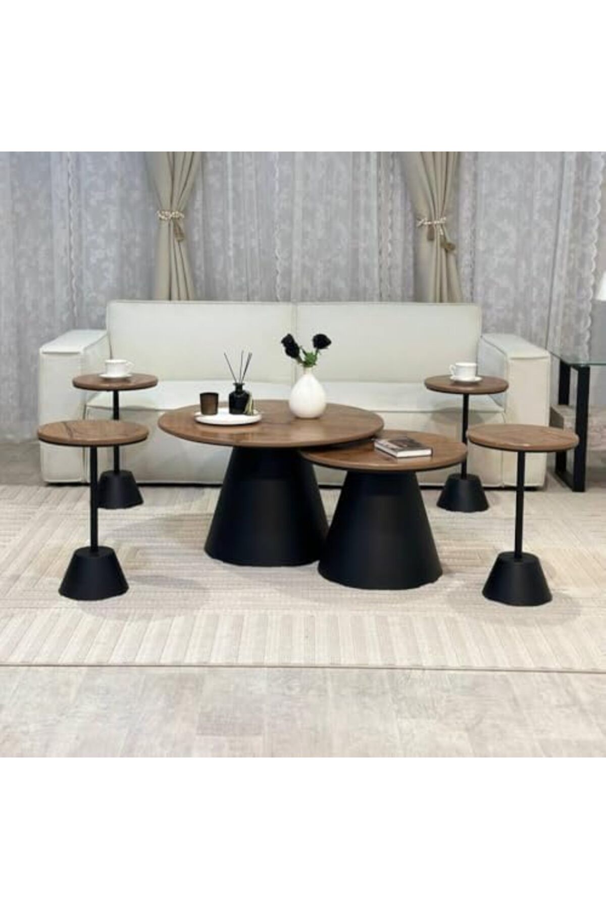 l'elefante-Set Of 6 Nested Coffee And Side Tables With Solid Wooden Surface And Metal Base 1