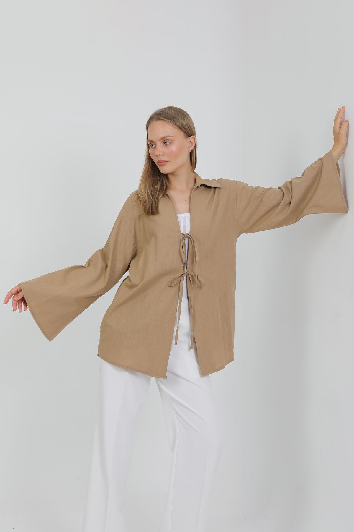 PASTELASTORE %100 Pamuk Keten Cepli Bağcıklı Kadın Kimono 1165 – Gömlek Yaka, Nefes Alan Kumaş