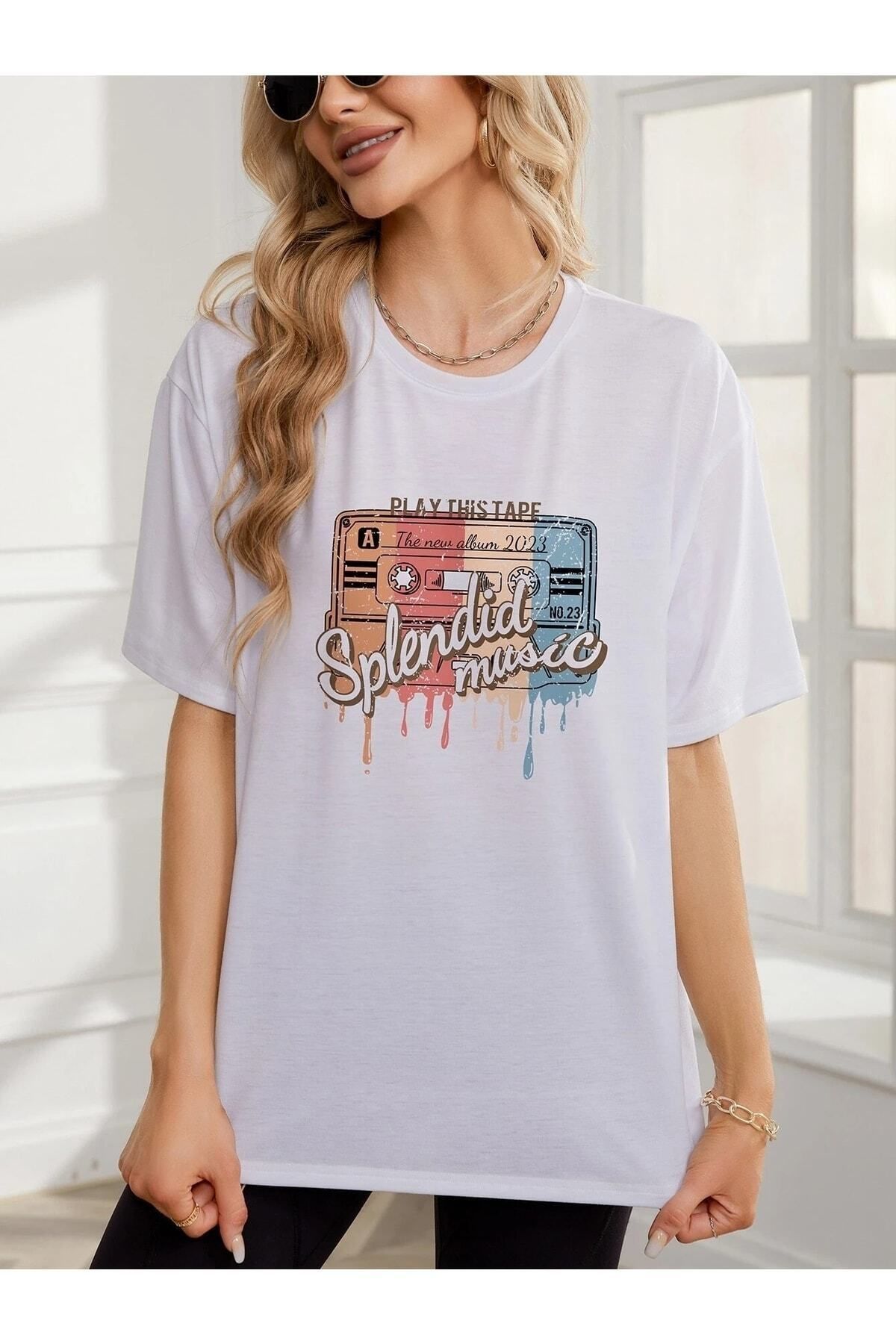 Boi Kadın / Kız Beyaz Oversize T-shirt Splendid Music Baskılı