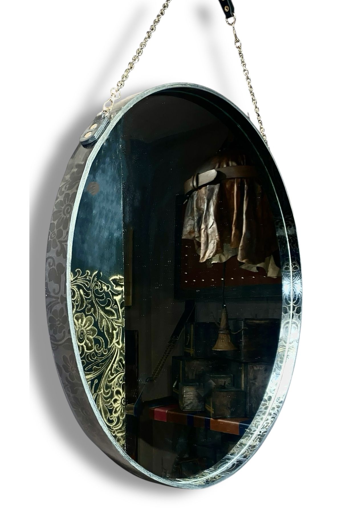 MOLOUD DESIGN ATELIER Brammes Golden Ivy Black Large Modeli Deri Çerçeveli ve Zincir Askılı Ayna
