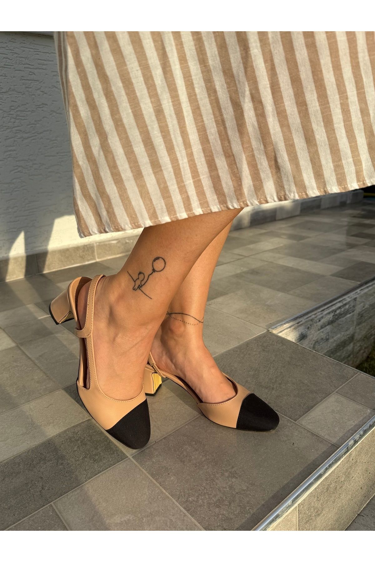 BURCU COLLECTİON Caylin Nude Siyah Garnili Kalın Topuklu Kadın Ayakkabı