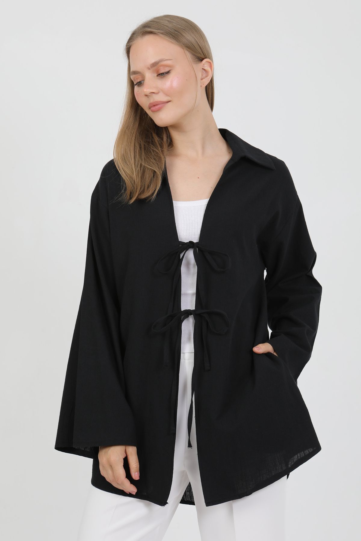 PASTELASTORE %100 Pamuk Keten Cepli Bağcıklı Kadın Kimono 1165 – Gömlek Yaka, Nefes Alan Kumaş