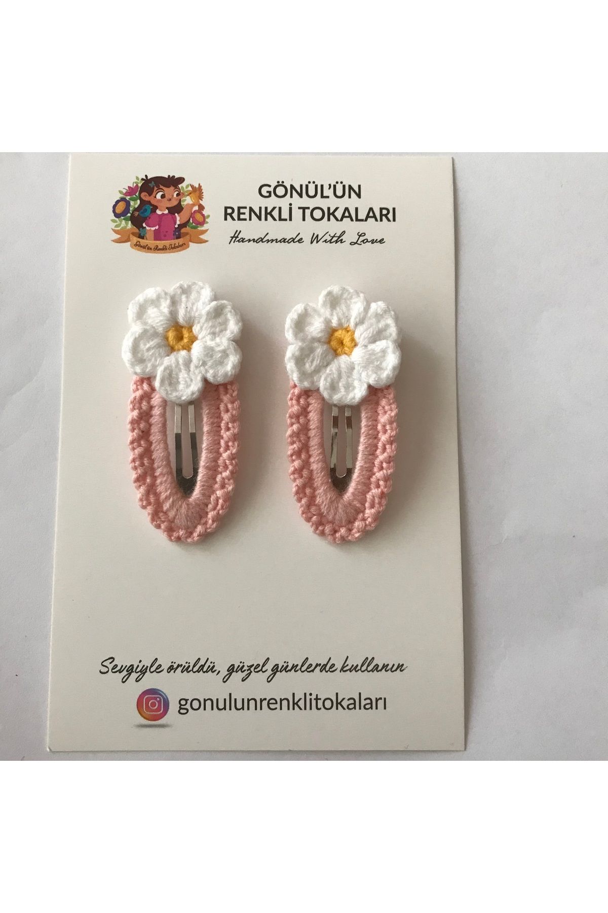 Gönülden Aksesuar 5cm oval metal çıt çıtlı el örgüsü renkler pudra ortası sarı,beyaz papatya toka çocuklar için