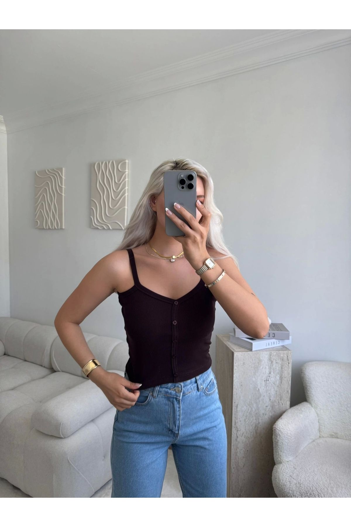 Zora Butik Düğmeli Askılı Crop - KAHVE