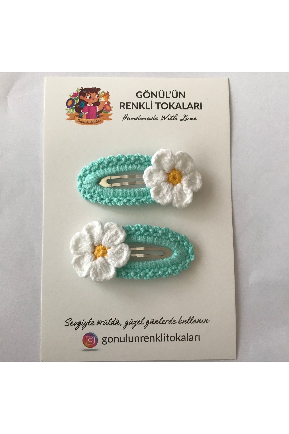 Gönülden Aksesuar 5cm oval metal çıt çıtlı el örgüsü renkler koyu yeşil ortası sarı,beyaz papatya toka çocuklar için