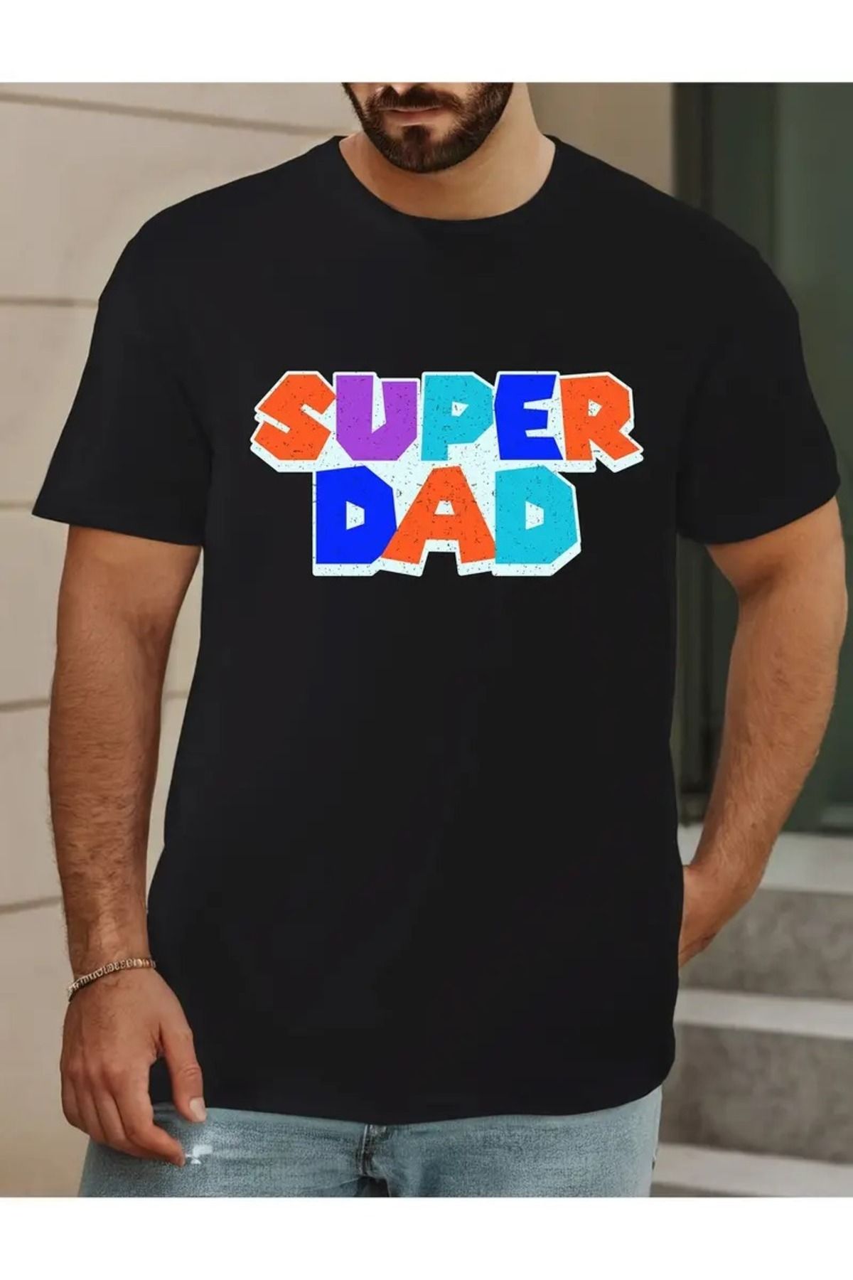 Boi Kadın ve Erkek Süper Baba Baskılı Bisiklet Yaka Oversize Salaş Boyfirend Siyah T-shirt
