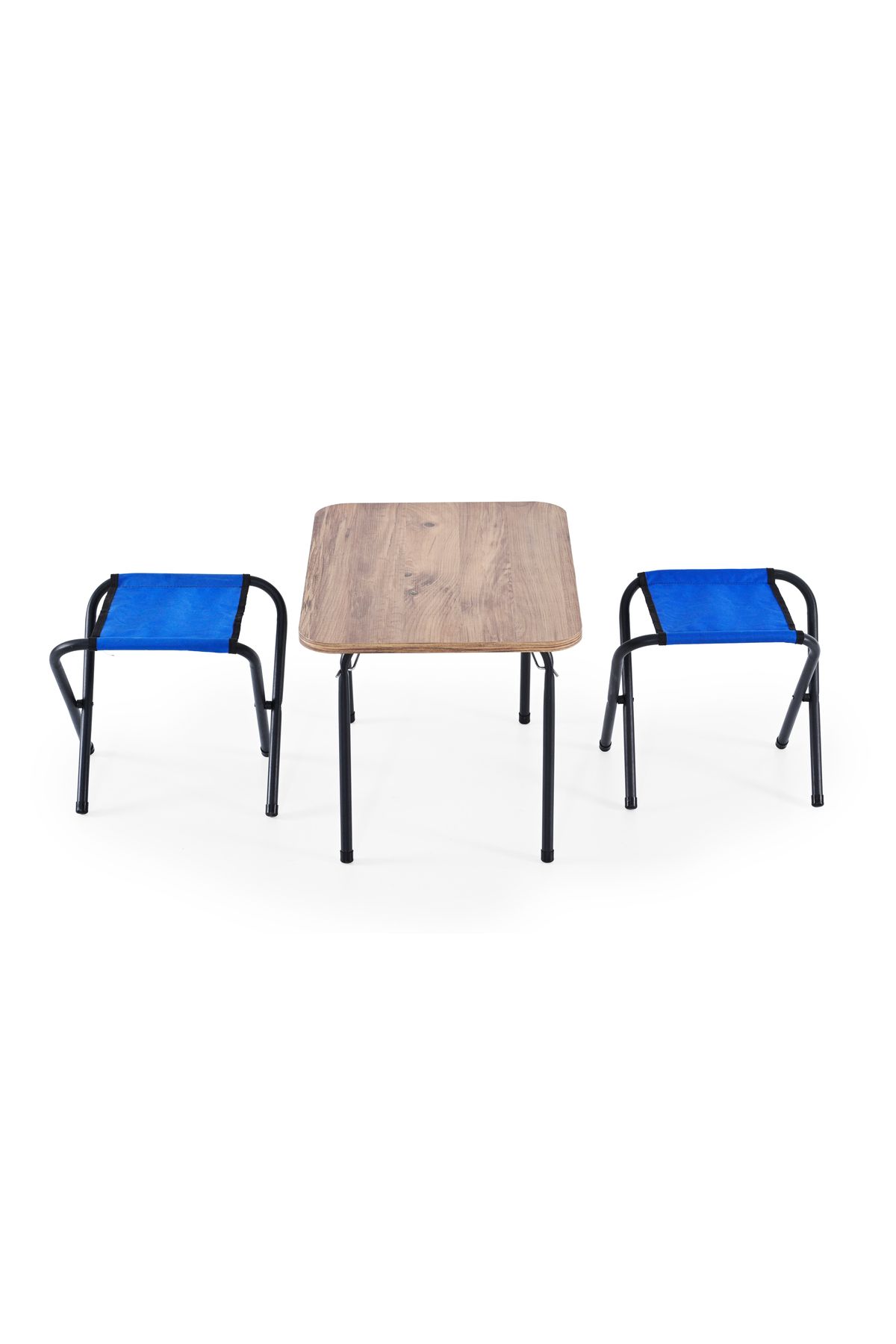 Remaks 2 adet Katlanır 2li Piknik Kamp Plaj Taburesi Mavi Ve 60x80 cm Meşe Katlanır Kamp Masası