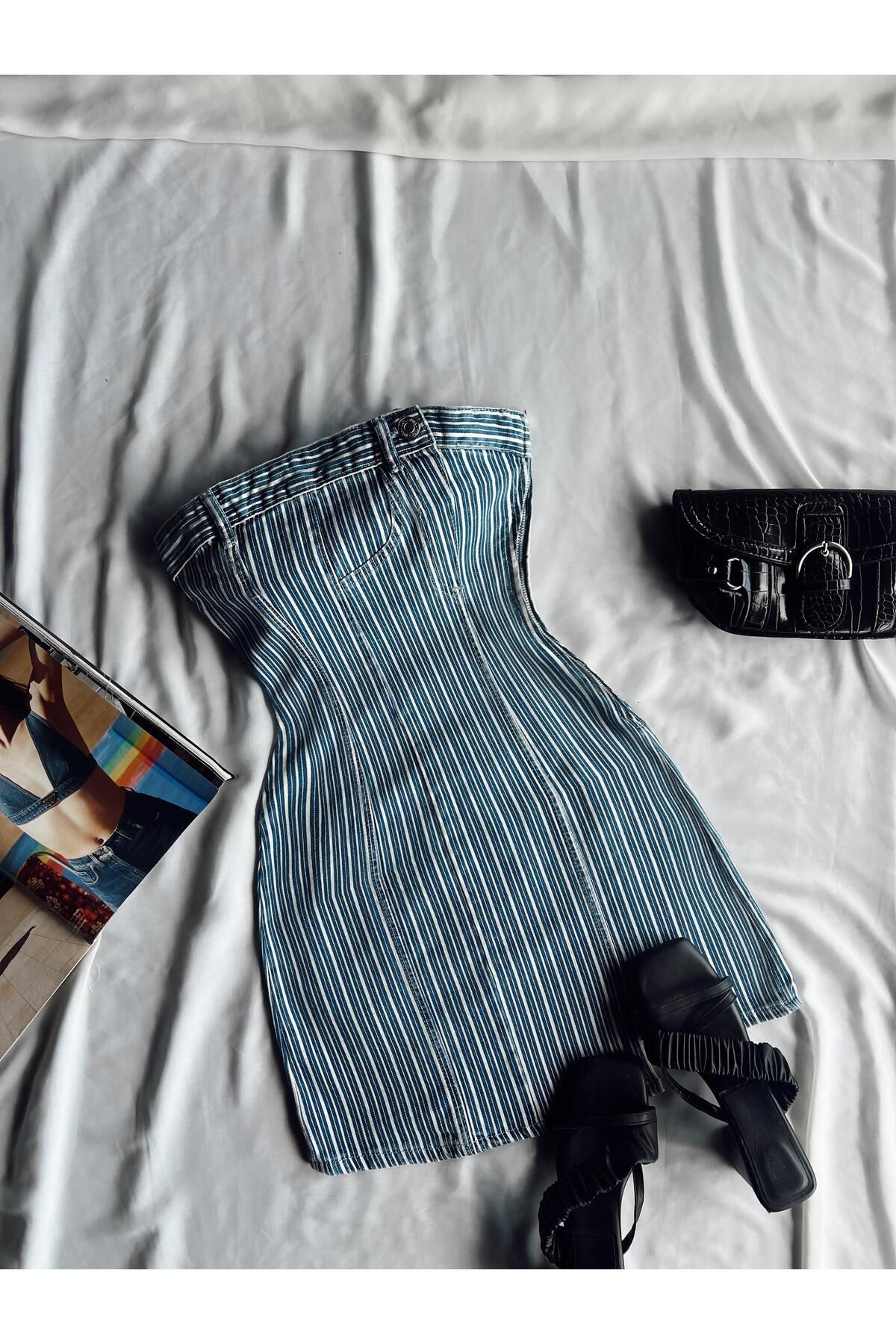TamSeninTarzin Holly Mavi Geçişli Straplez Denim Elbise