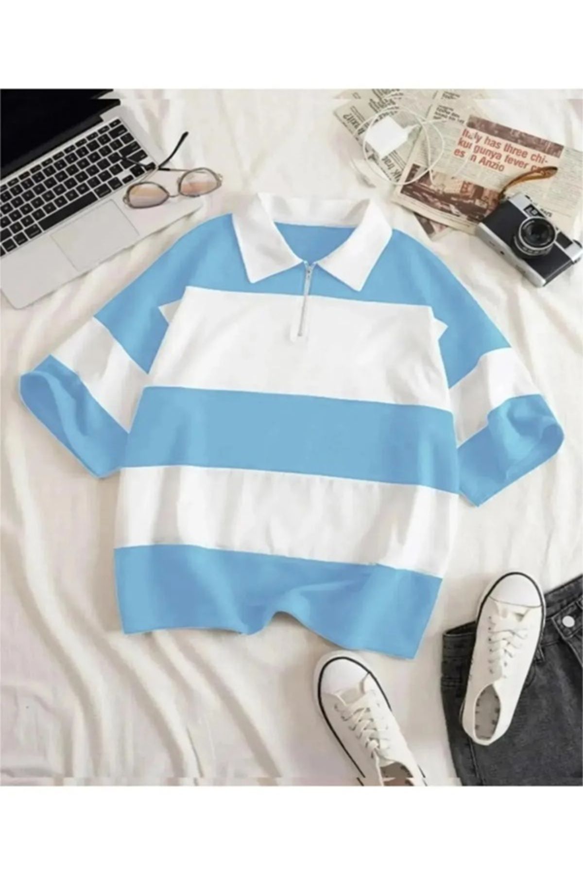 EXPECTED Unisex Oversize Polo Yaka Fermuarlı Parçalı Polo Tişört