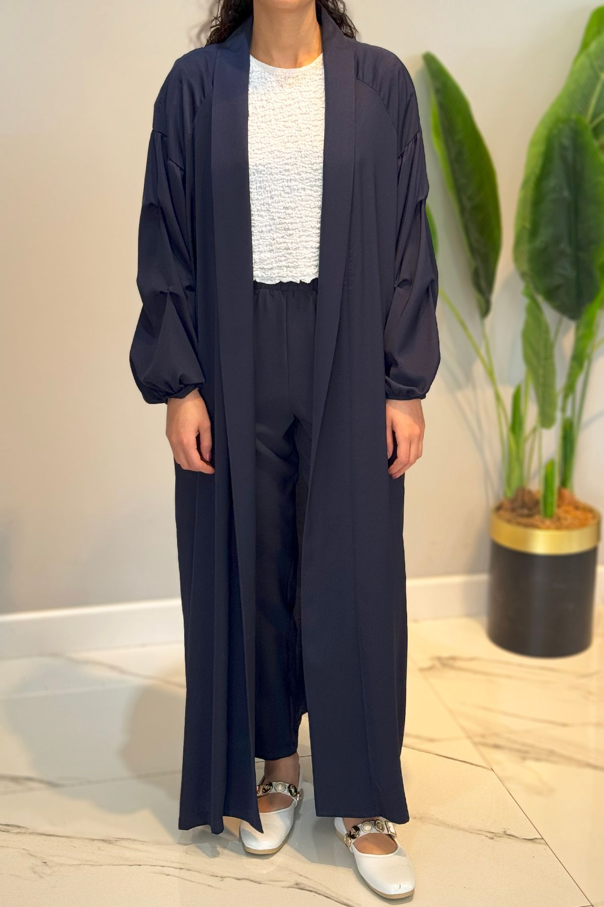 Ceremony Cupra Kumaş Kolları Büzgülü Kaftan 58102 Lacivert