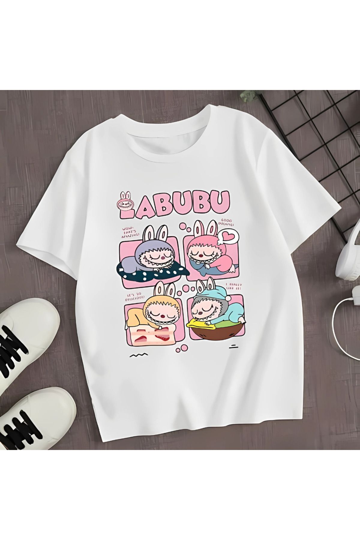 MECH BUTİK Unisex Kadın/Erkek Siyah/Beyaz Tişört Labubu Yeni Baskılı Tişört T-shirt