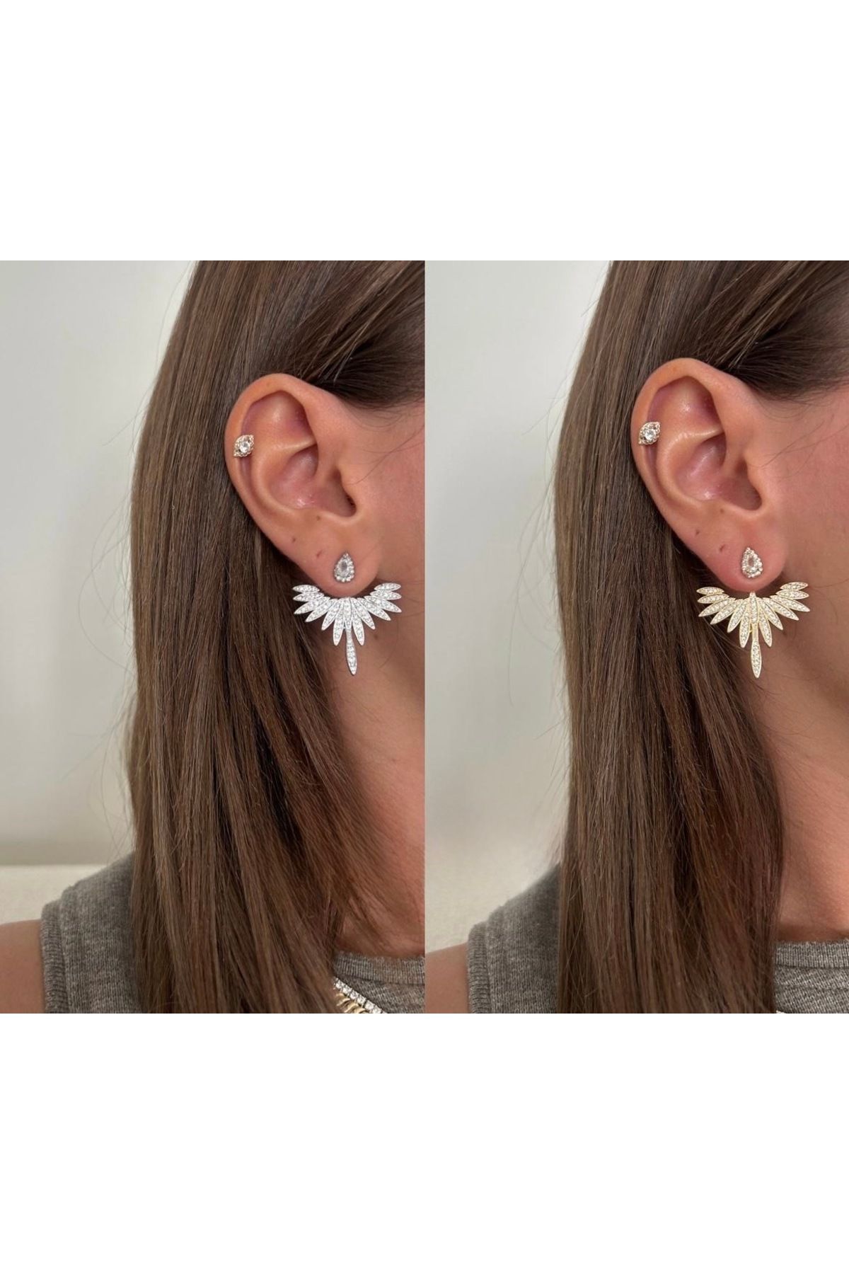 kems jewels Melek Kanadı Model Zirkon Taşlı Damla Detaylı Çelik Altın Kaplama Küpe