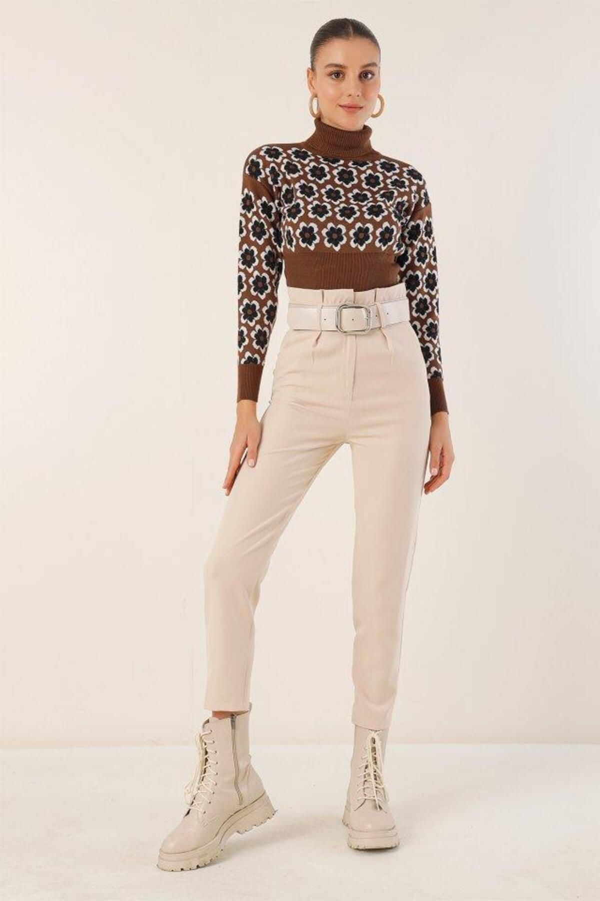 Aymood 6556 Kemerli Kumaş Pantolon - Krem