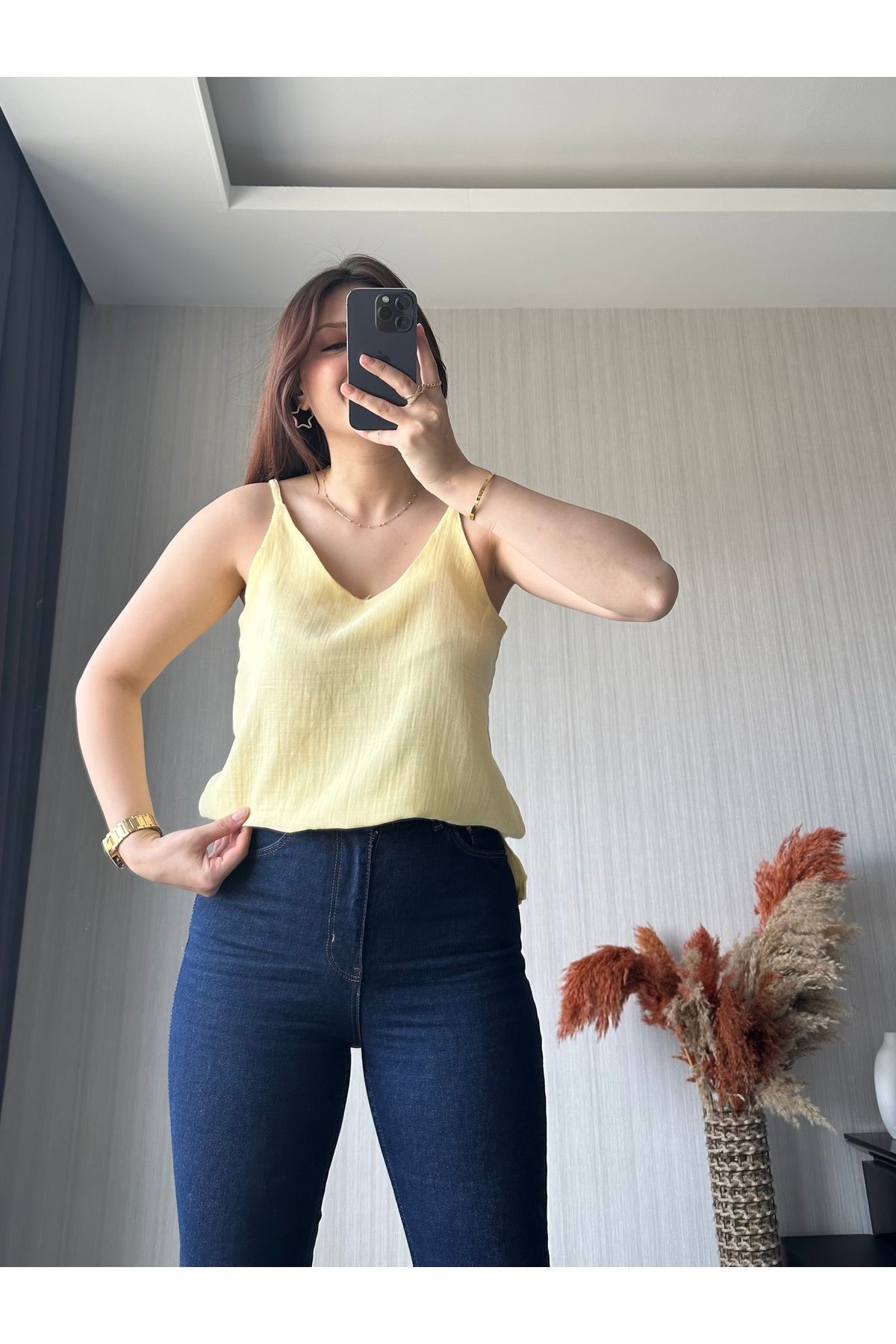 ButikNo35 Sarı Müslin Kumaş Bluz
