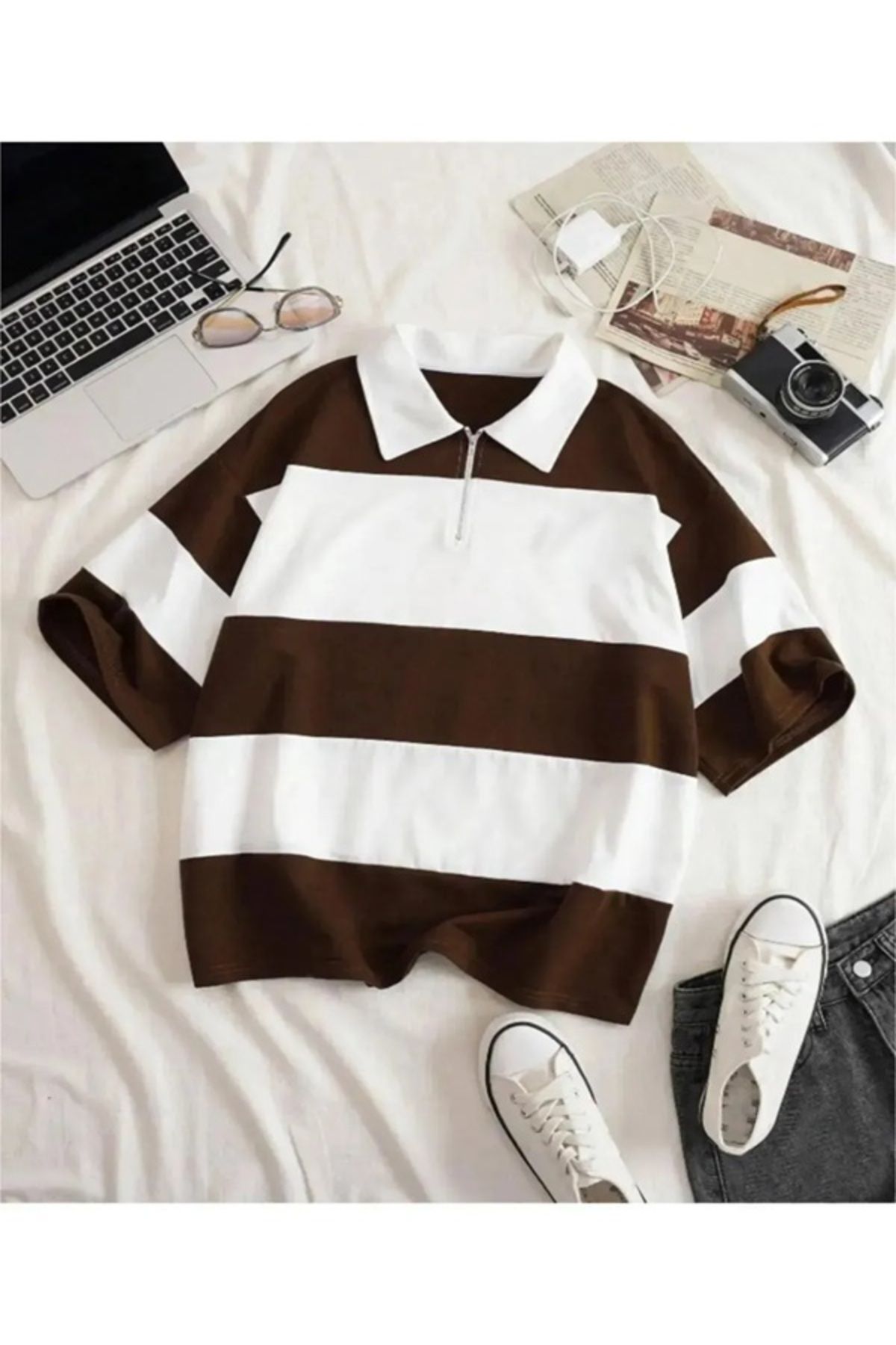 EXPECTED Unisex Oversize Polo Yaka Fermuarlı Parçalı Polo Tişört