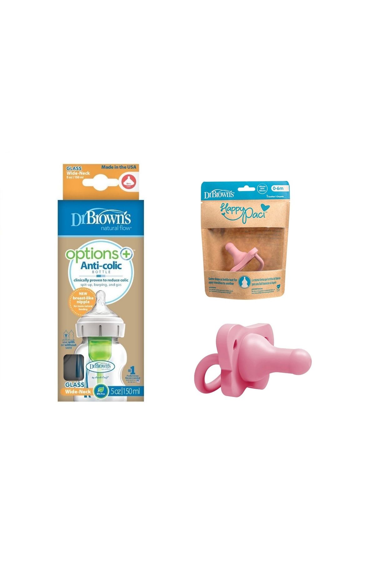 Dr.Brown's Dr Brown's Options+ Geniş Ağız Antikolik Cam Biberon 150 ml + Happy Paci Emzik (0-6ay)Set
