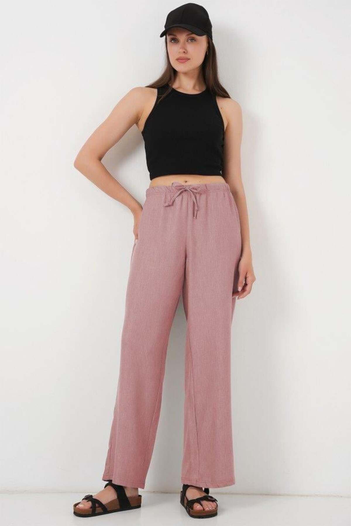 Aymood Geniş Paça Keten Pantolon 6735 - Pudra