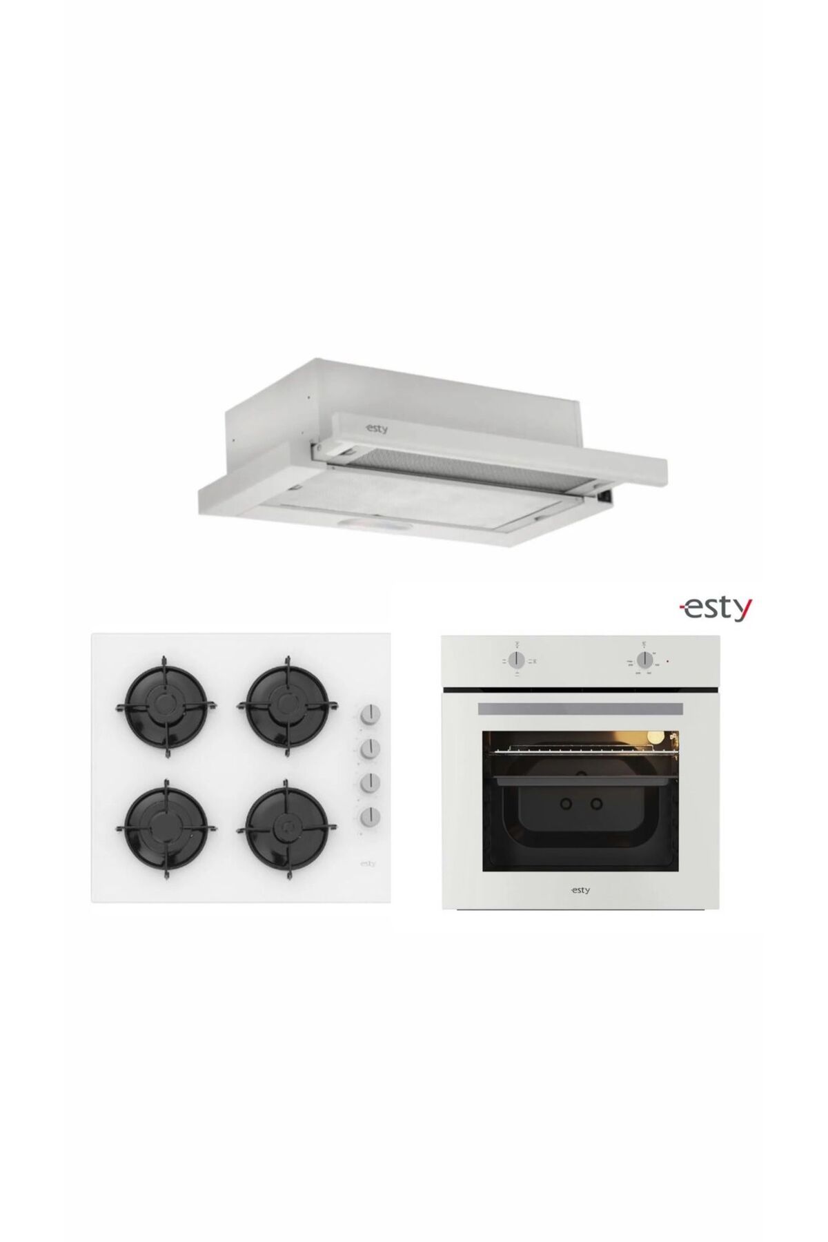 Esty Beyaz Aspiratör - Beyaz Cam Ankastre Set ( 1350 Beyaz Aspiratör - ACO5335W01 - AEF6601W04)