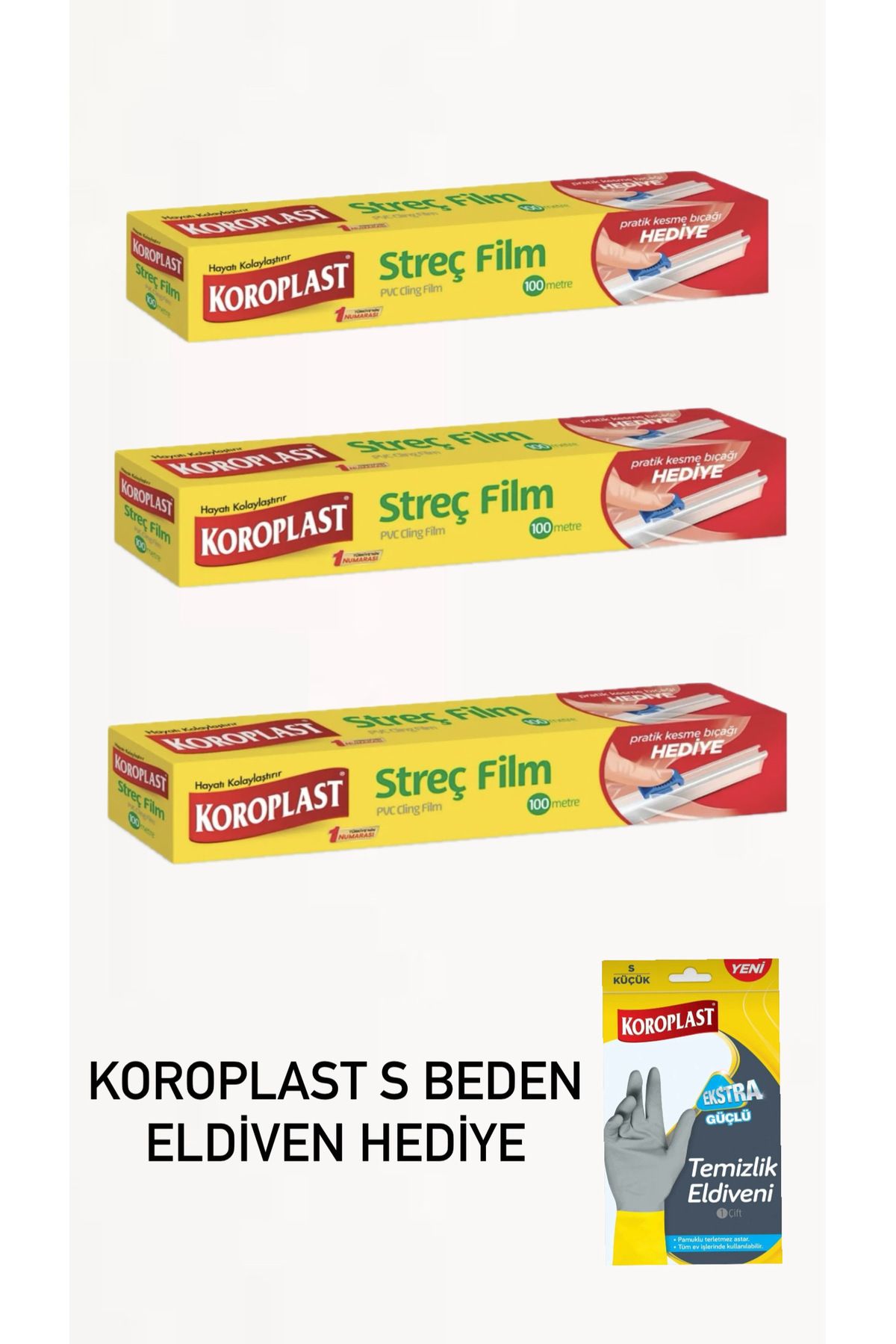 Koroplast 100 metre streç 3 adet - ekstra güçlü eldiven hediye S beden