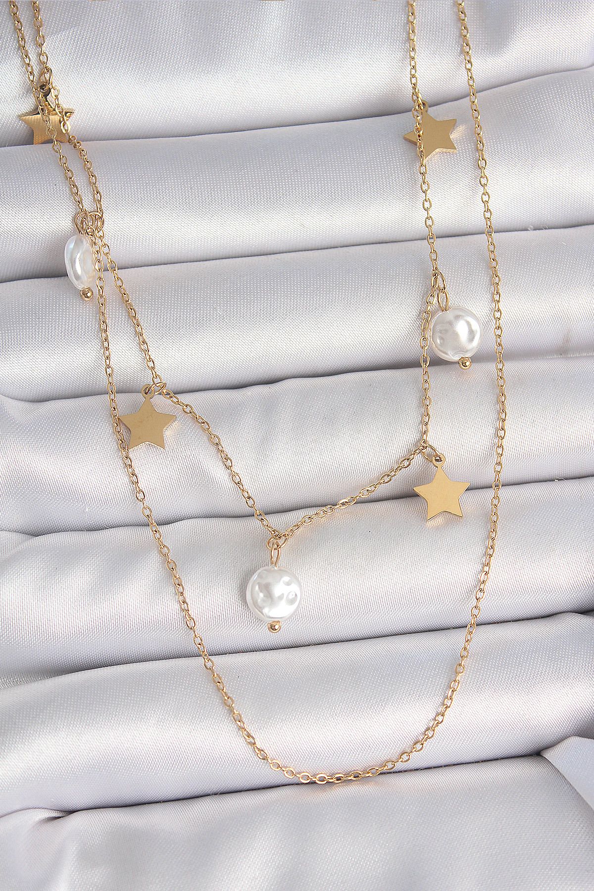 NEZADE STORE 316L Çelik Gold Renk 2'Li Zincir Sallantı Yıldız İnci Model Kadın Kolye - TJ-BKO10110