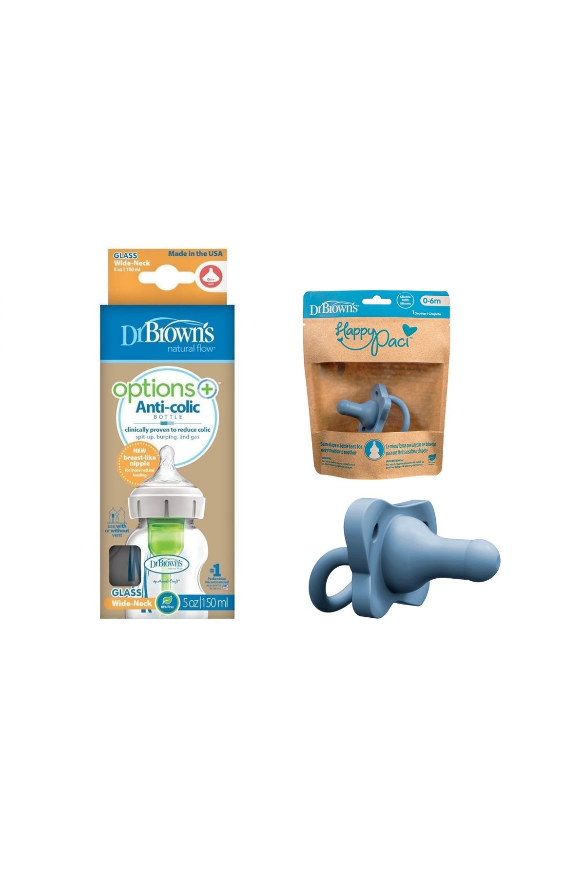 Dr.Brown's Dr Brown's Options+ Geniş Ağız Antikolik Cam Biberon 150 ml + Happy Paci Emzik (0-6ay)Set