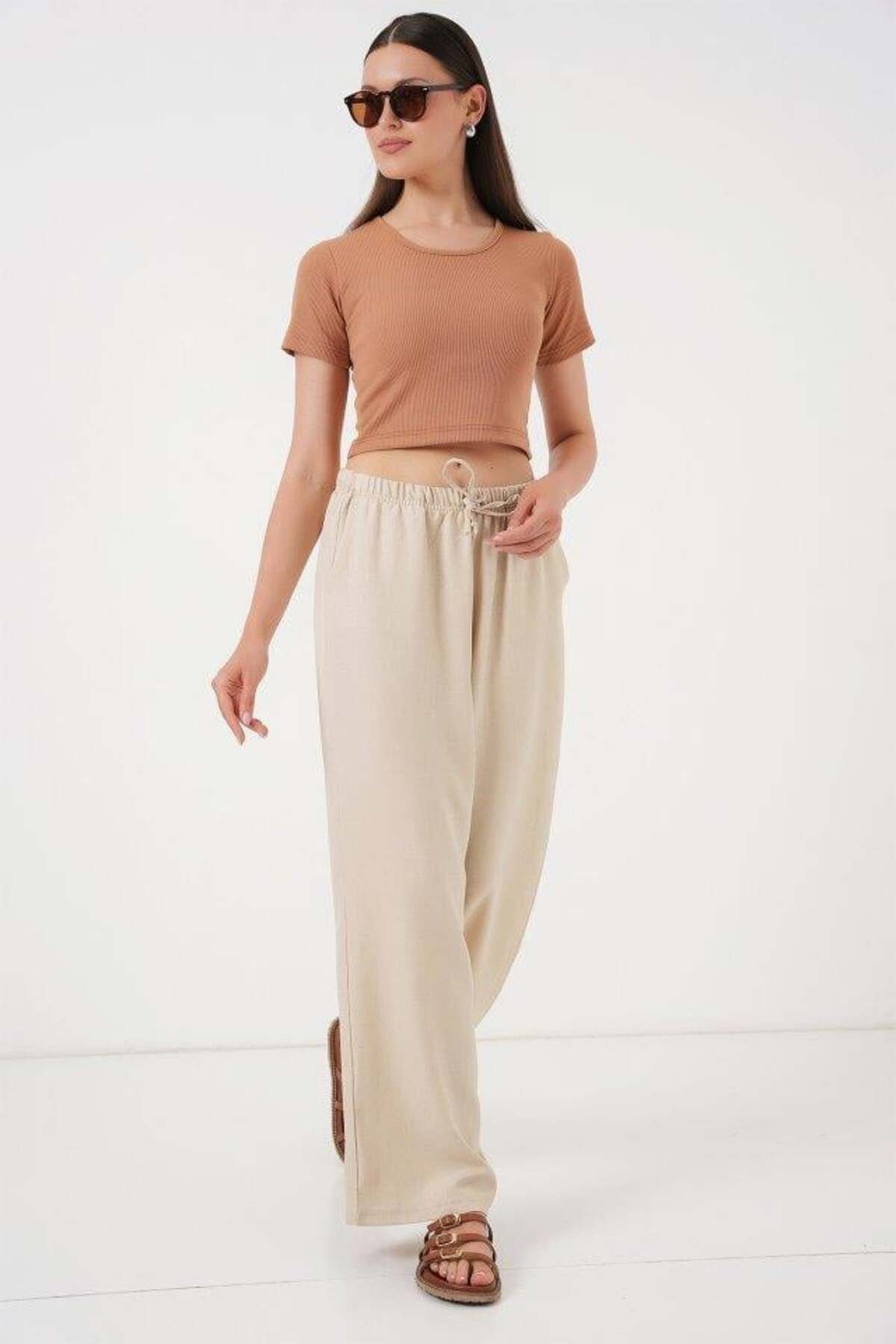 Aymood Geniş Paça Keten Pantolon 6735 - Krem
