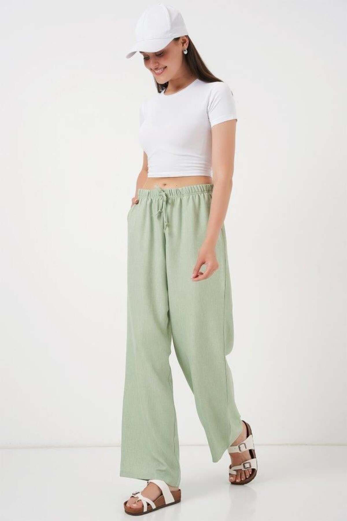 Aymood Geniş Paça Keten Pantolon 6735 - E.Yeşil