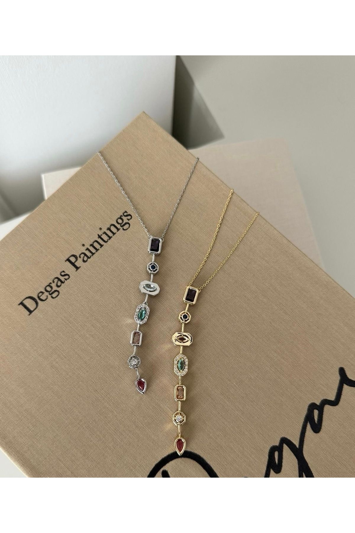 kems jewels Y Model 7 Element Renkli Zirkon Taşlı Gümüş Kaplama Çelik Kolye