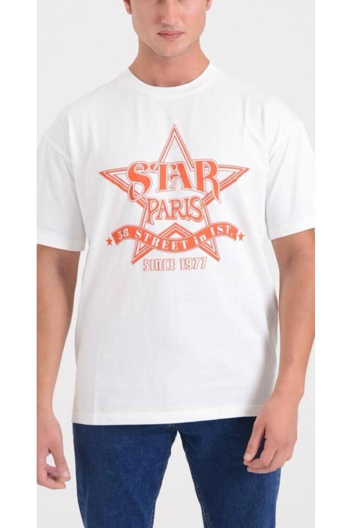 Star ERKEK BEYAZ OVERSİZE STAR PARİS BASKILI T-SHİRT