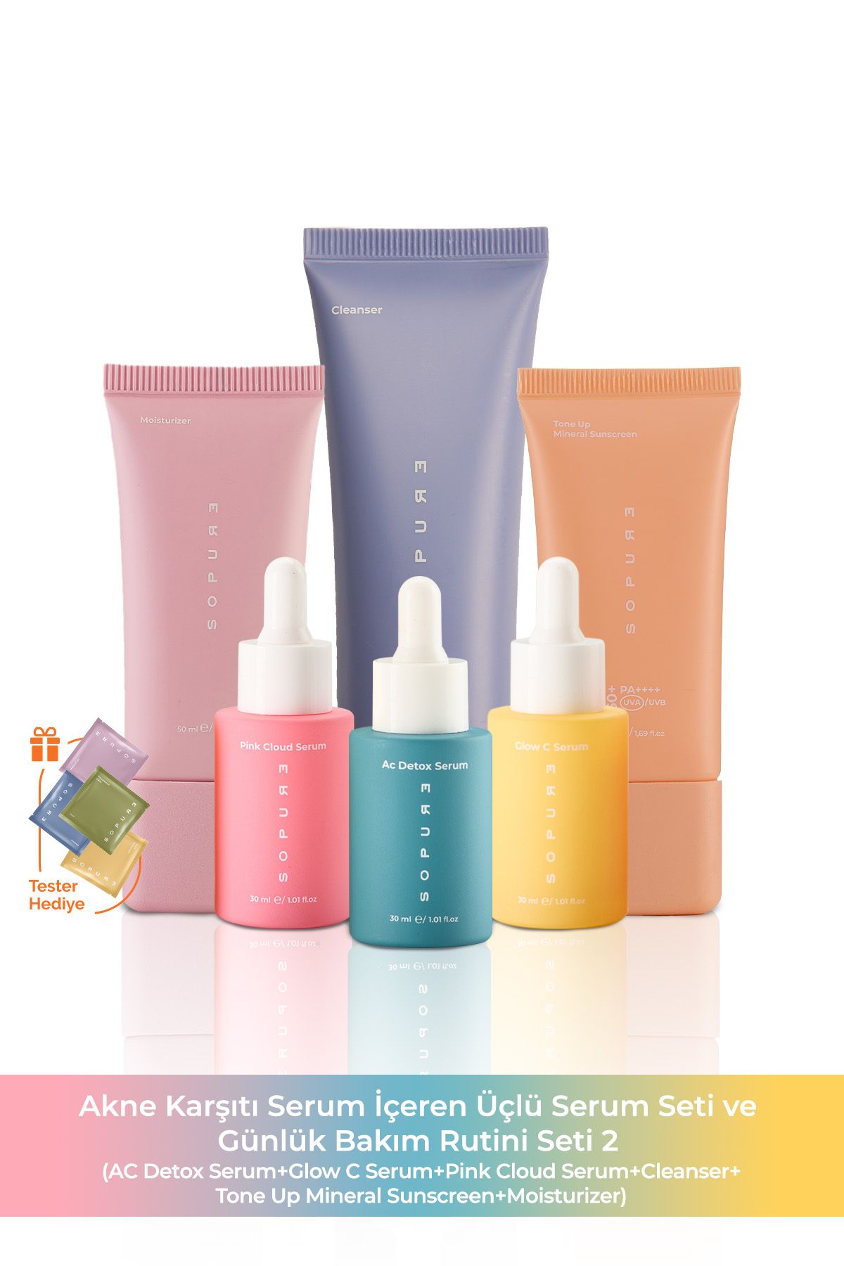 Sopure Akne Karşıtı Serum içeren Üçlü Serum Seti ve Günlük Bakım Rutini Seti-2