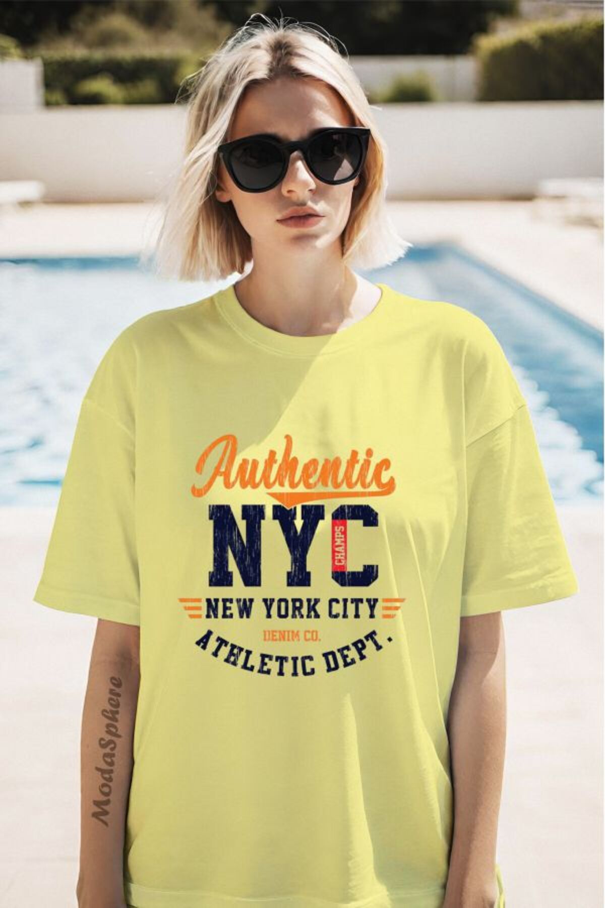 ModaSphere Authentic NYC Baskılı Unisex Oversize Tişört