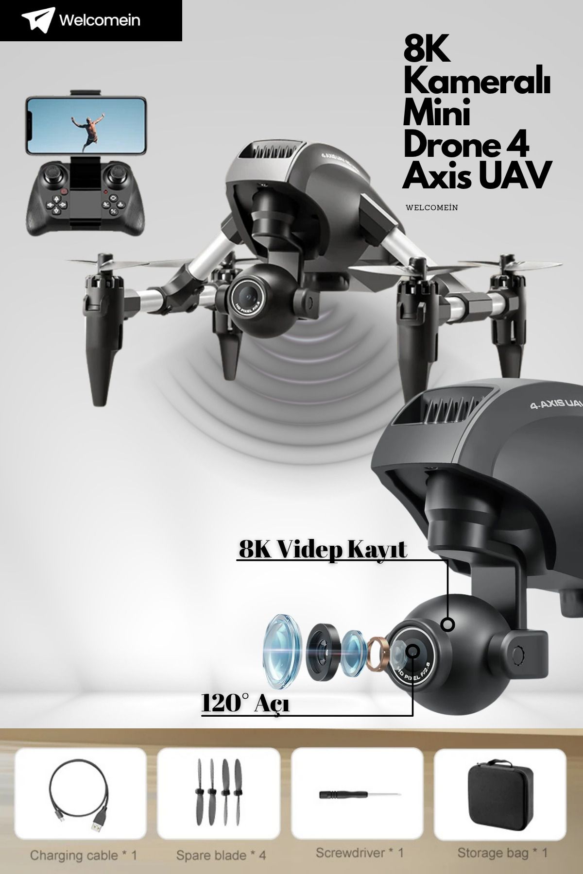 welcomein Uzaktan Kumandalı Full Fonksiyon Şarjlı 8K UHD Kameralı Drone 13cm Wi-Fi Bağlantılı Kamera Özellik