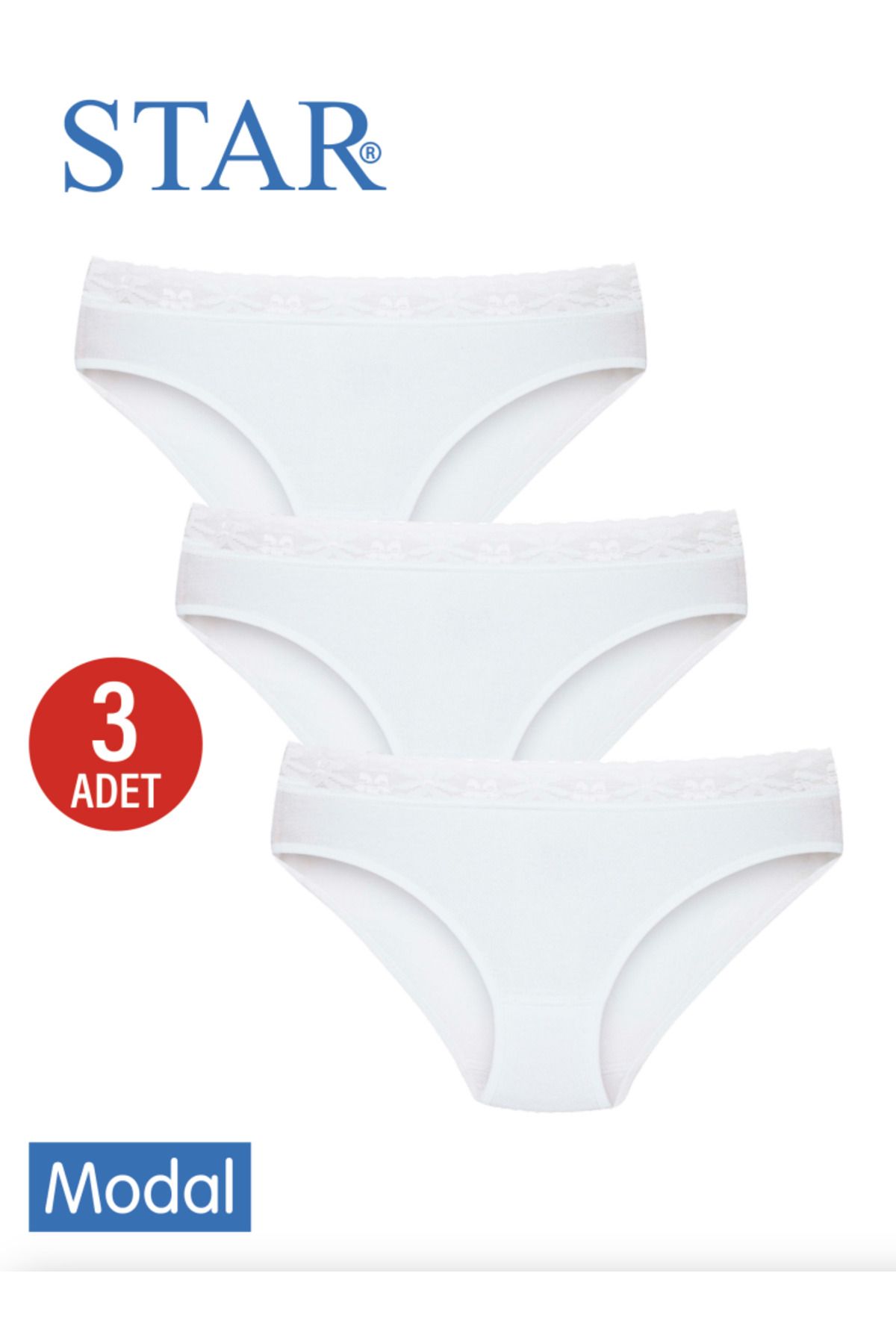 Star KADIN 3 LÜ BEYAZ MODAL BELİ DANTEL DETAYLI BİKİNİ KÜLOT