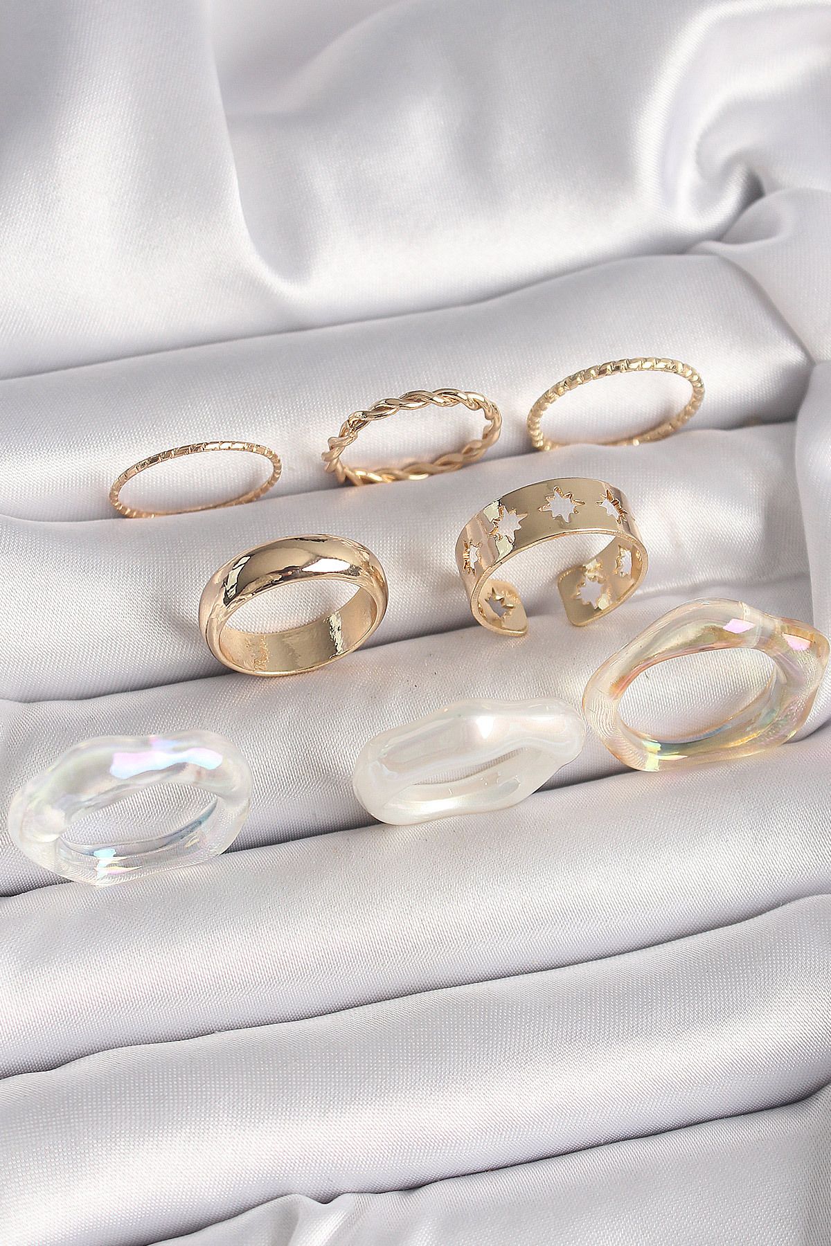jupiter global bazaar Pirinç Gold Renk Beyaz Akrilik Plastik Kutup Yıldız İşleme Kadın Yüzük Kombini - TJ-BYK3666