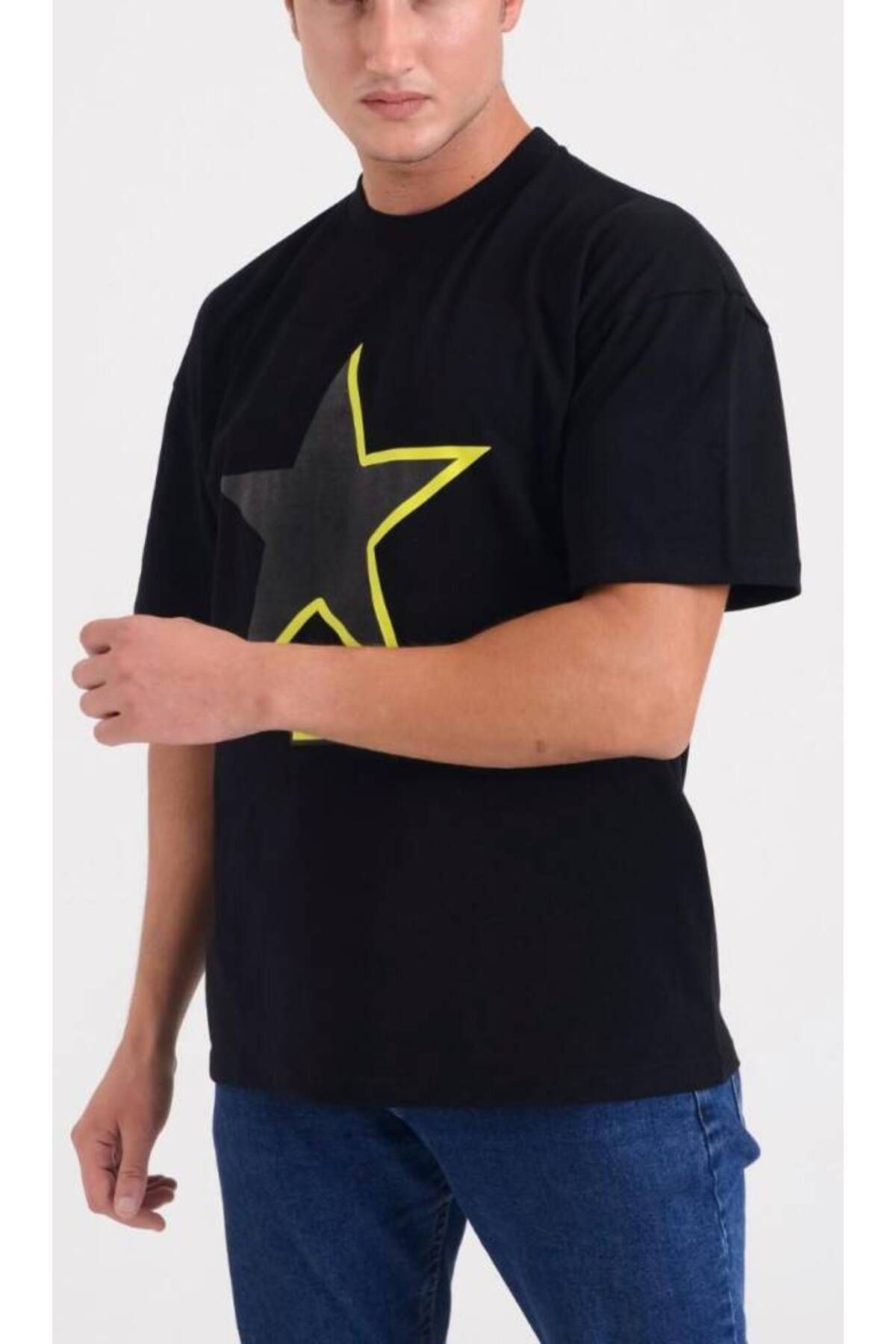 Star ERKEK SİYAH OVERSİZE YILDIZ BASKILI T-SHİRT