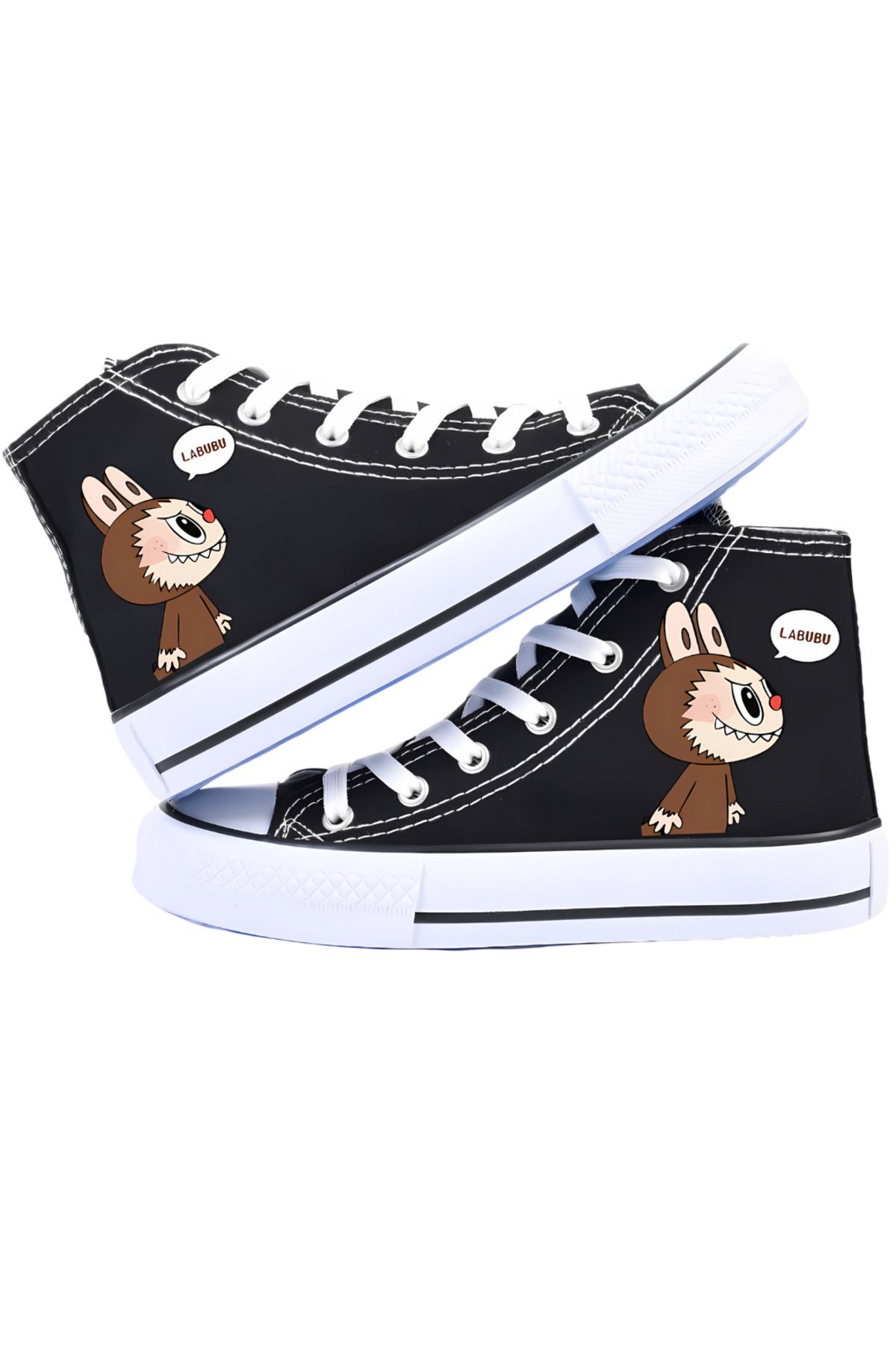 MECH BUTİK Labubu Baskılı Siyah Unisex Kadın/Erkek Bilekli Keten Ayakkabı Sneaker