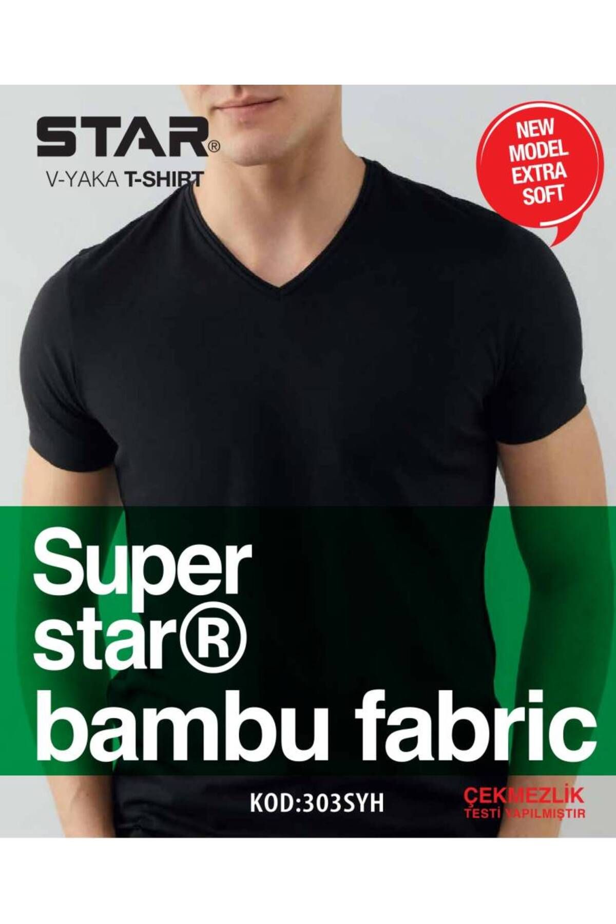 Star ERKEK SİYAH ORGANİK BAMBU V YAKA T-SHİRT