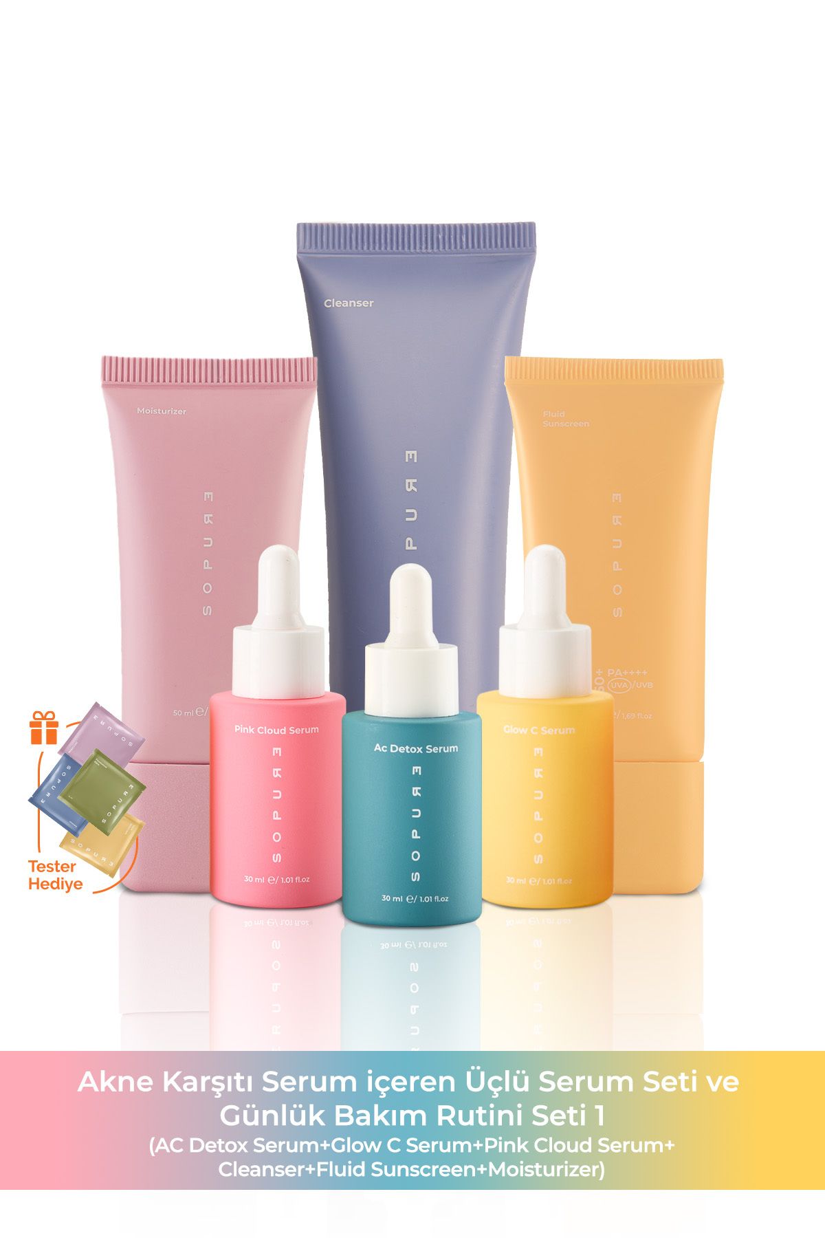 Sopure Akne Karşıtı Serum içeren Üçlü Serum Seti ve Günlük Bakım Rutini Seti-1