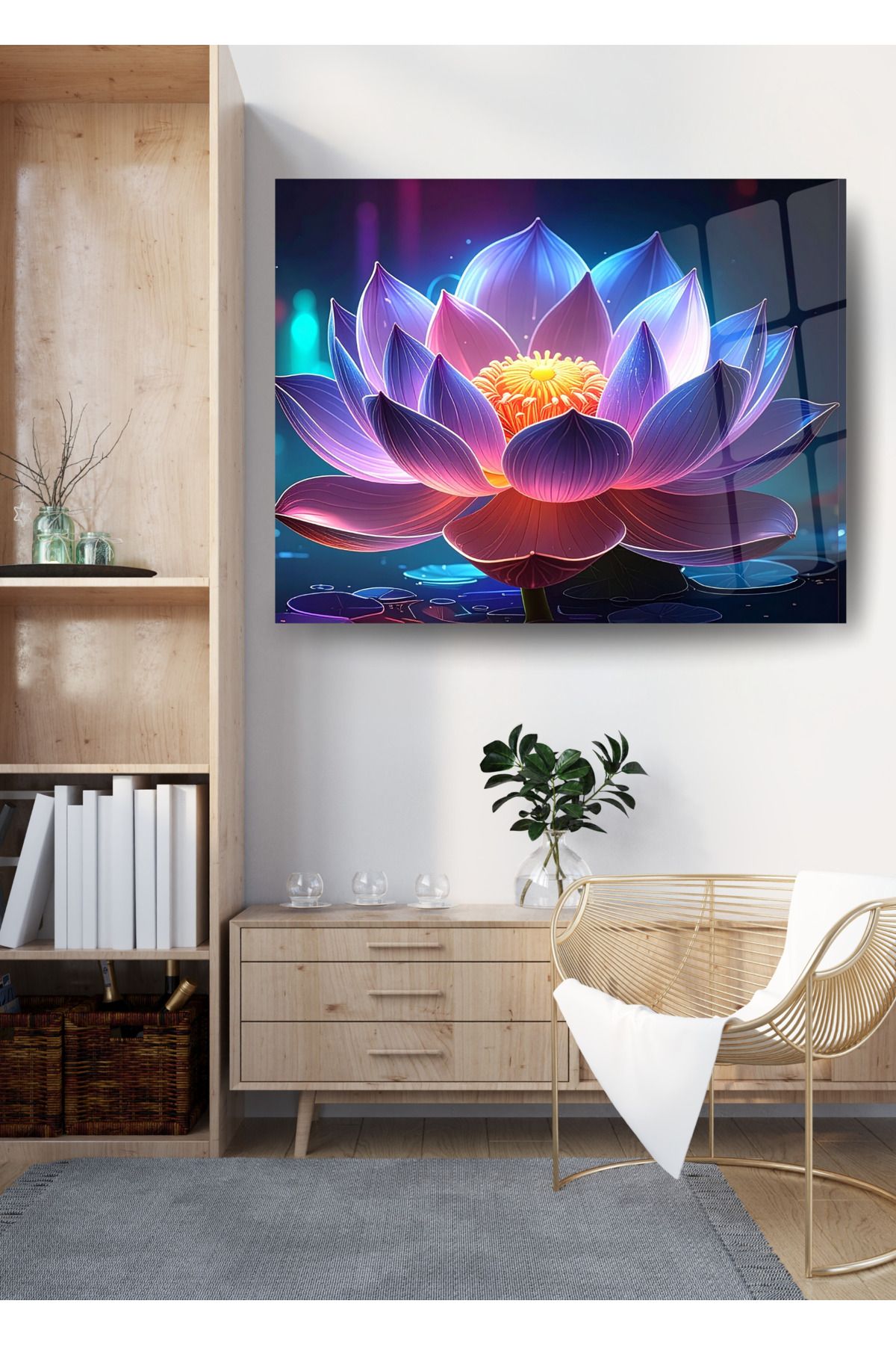 Glit Glass Renklerin Büyüsü: Parlayan Lotus Çiçeği Cam Tablo