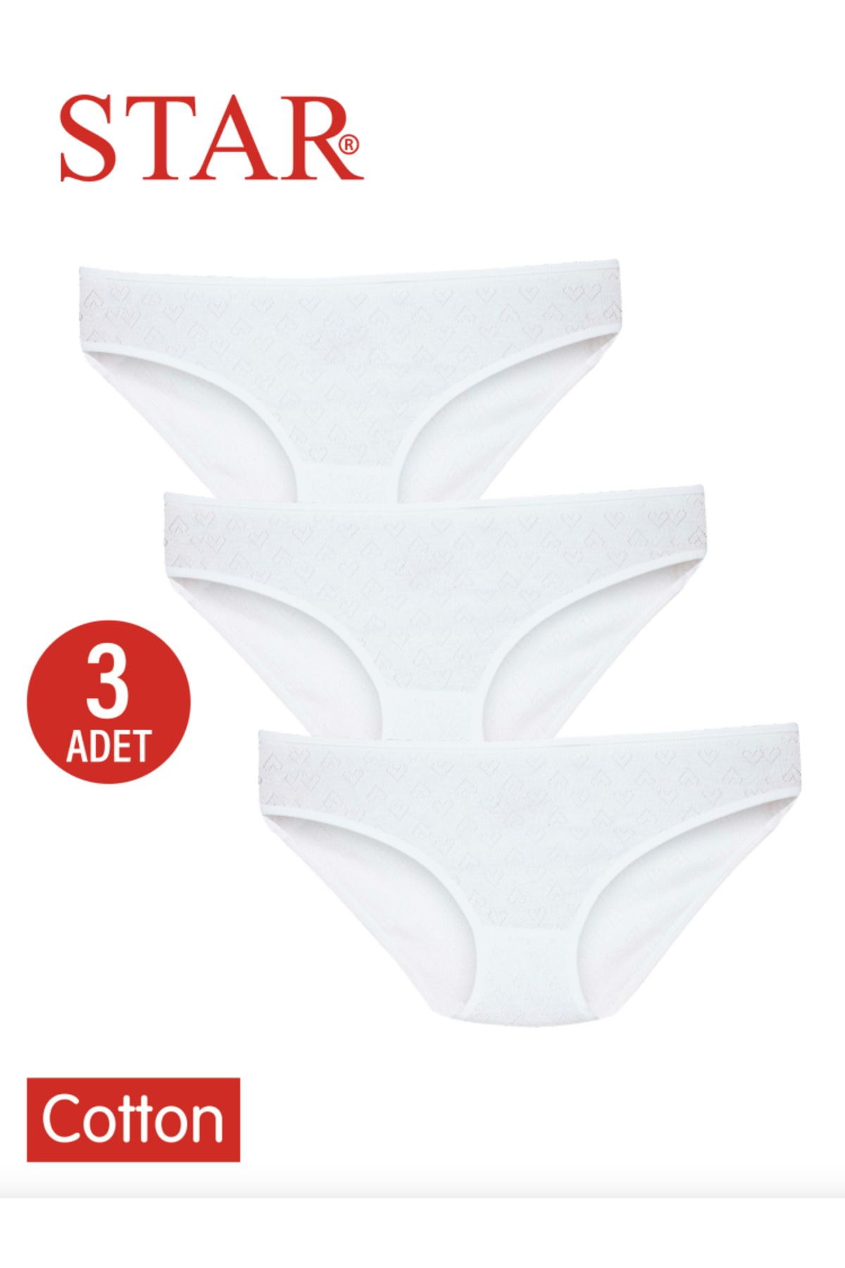 Star KADIN 3 LÜ BEYAZ SAF PAMUK KALP DESENLİ BİKİNİ KÜLOT