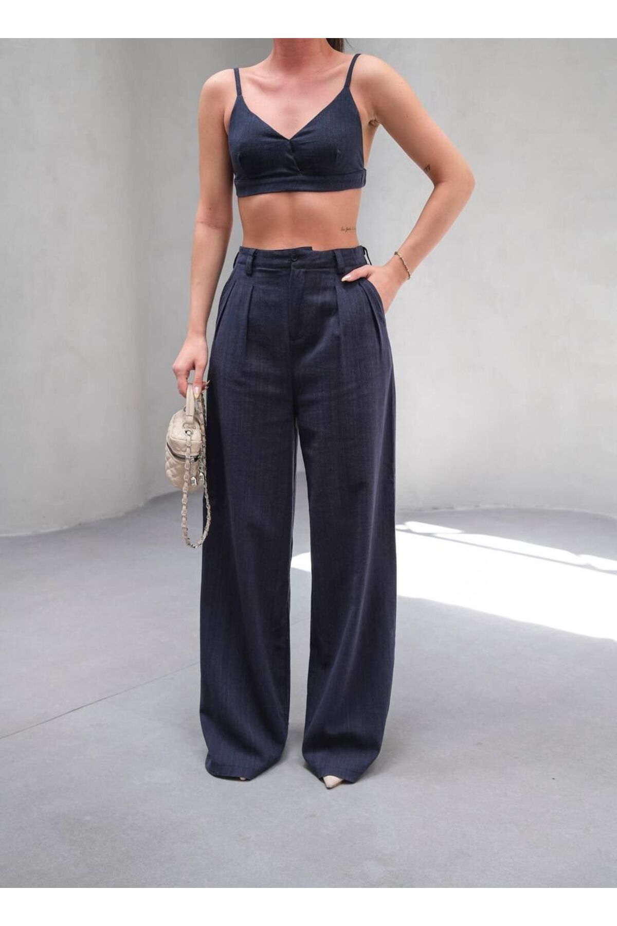 CONCEPTbyOkanGüler Keten Crop Bralet-LACİVERT - M