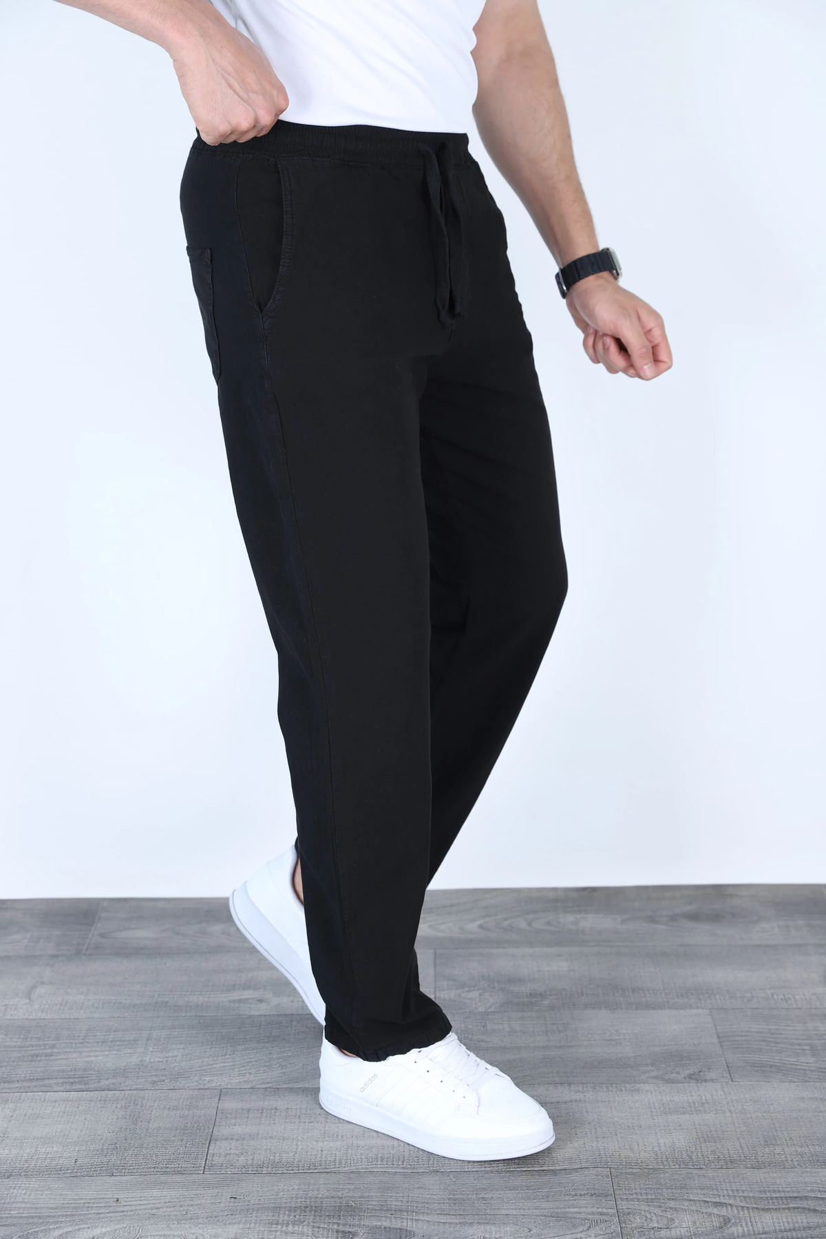 MYRAB DENİM  Erkek Siyah Baggy Keten Mevsimlik Jogger Pantolon Geniş Kalıp Günlük Nefes Alan Casual Model - Görsel 2